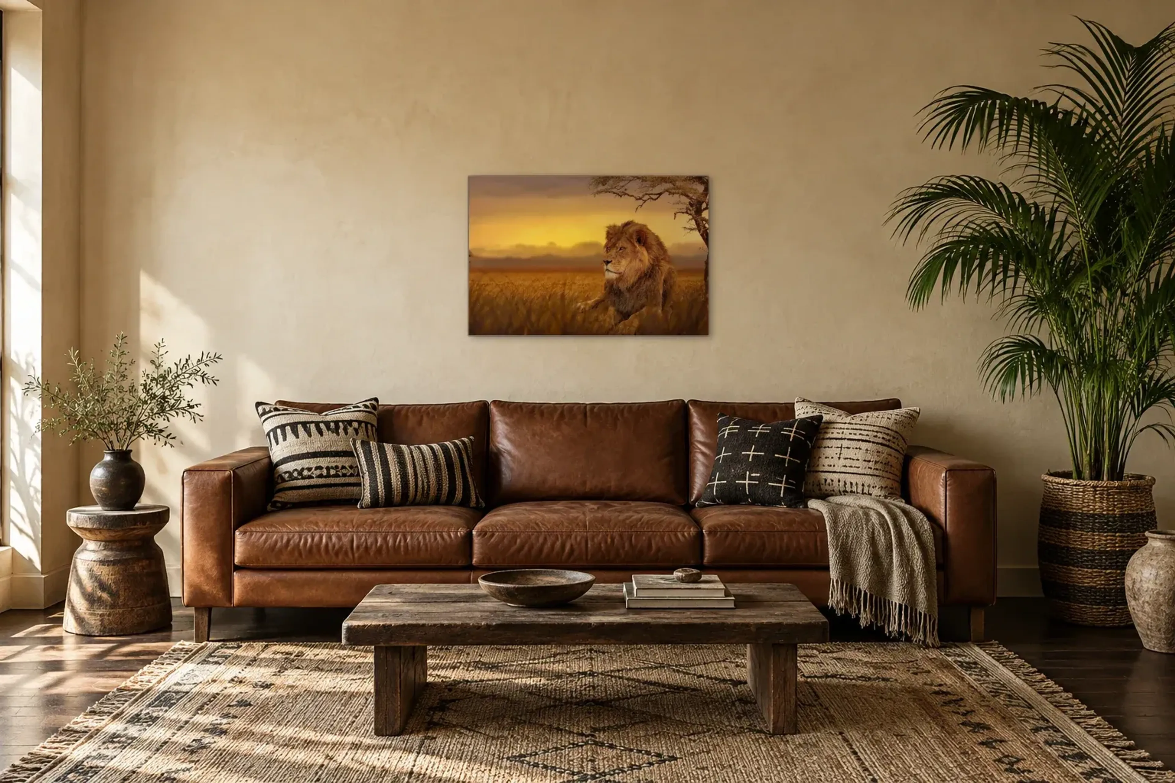 Löwe in der Savanne als Wandbild über einem 220-cm-Sofa