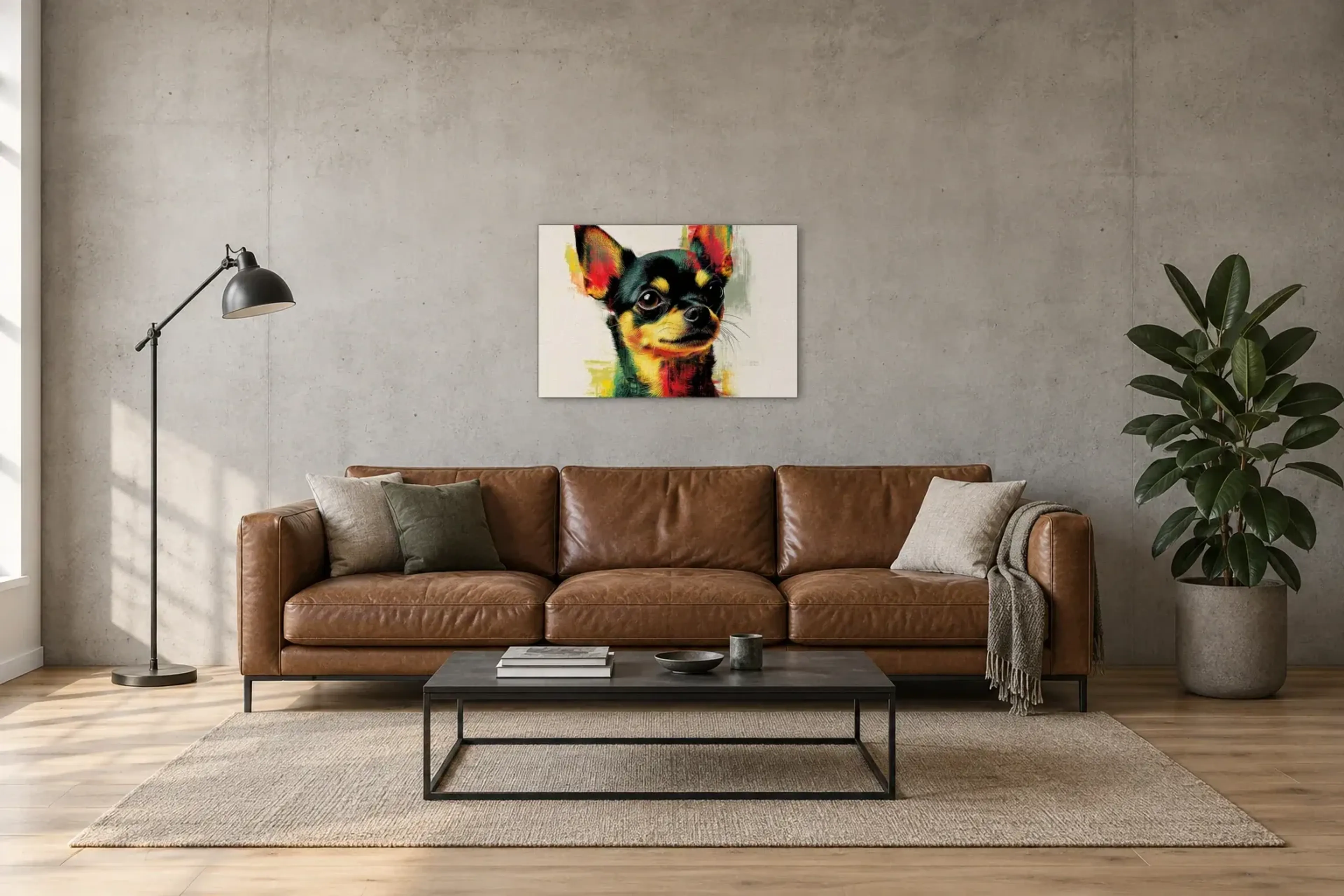 Chihuahua mit wachem Blick als Wandbild über einem 220-cm-Sofa