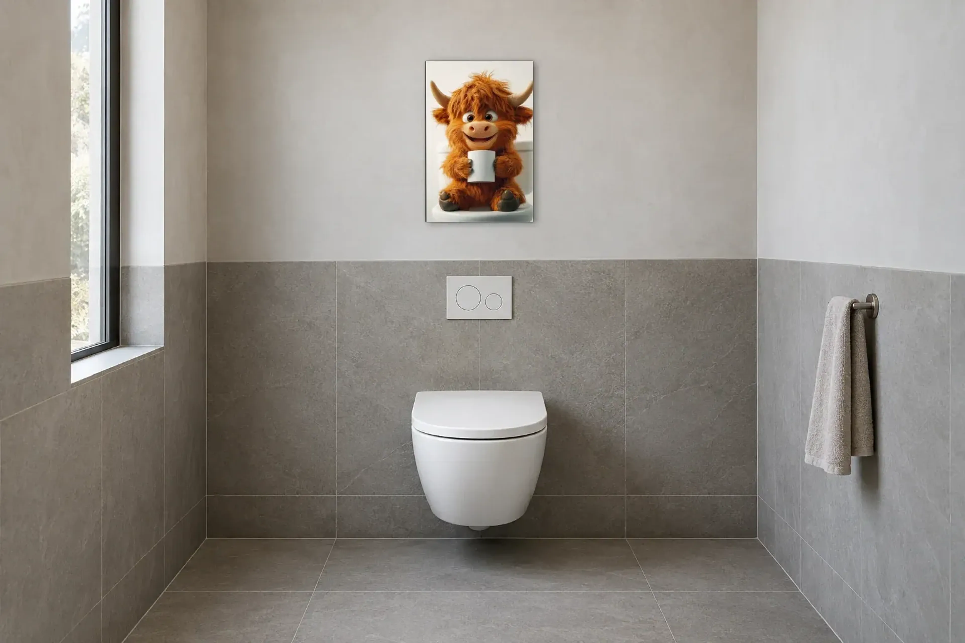 Hochlandrind mit breitem Grinsen als Wandbild im Gäste-WC