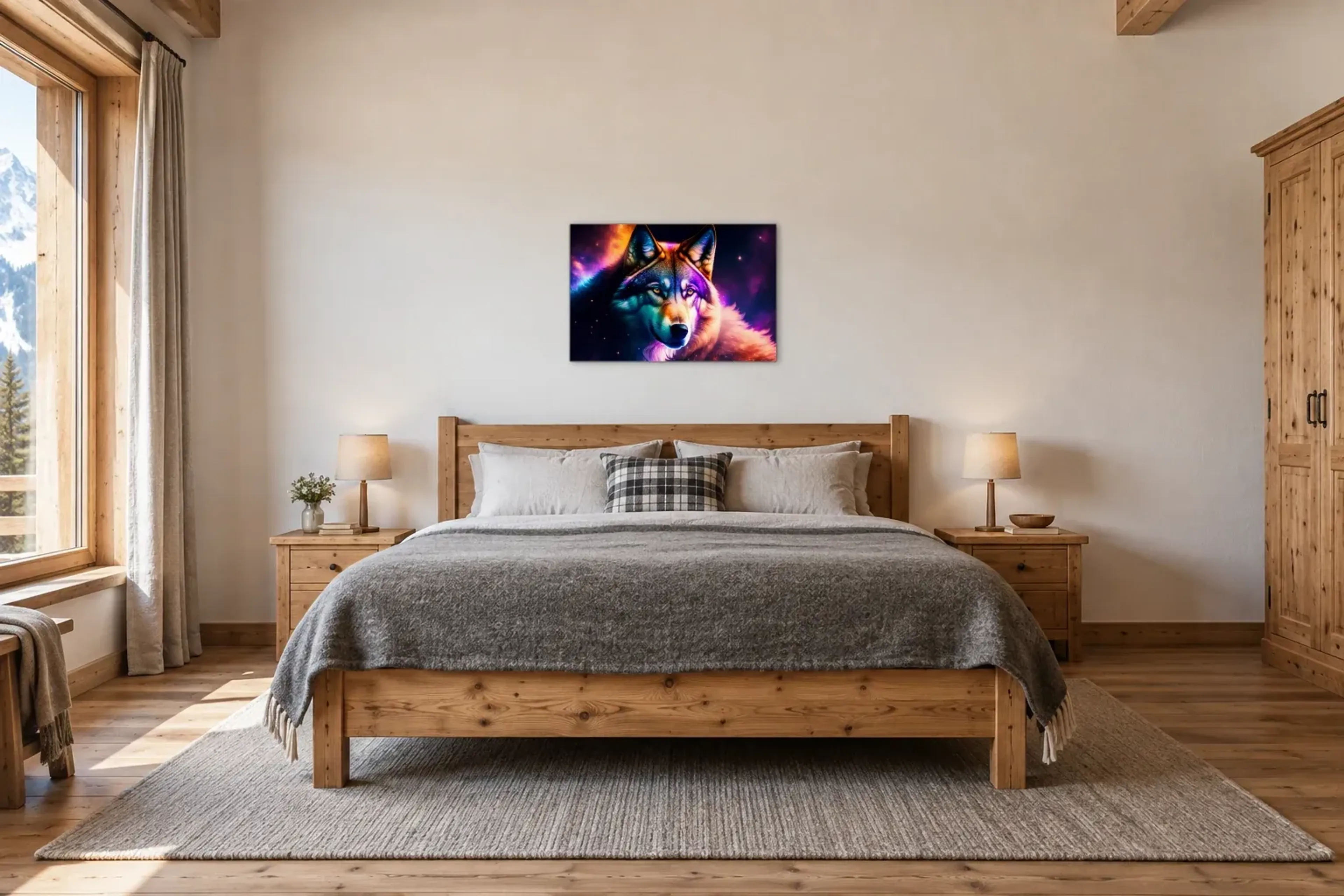 Wolf in Neonfarben als Wandbild über einem 180-cm-Bett