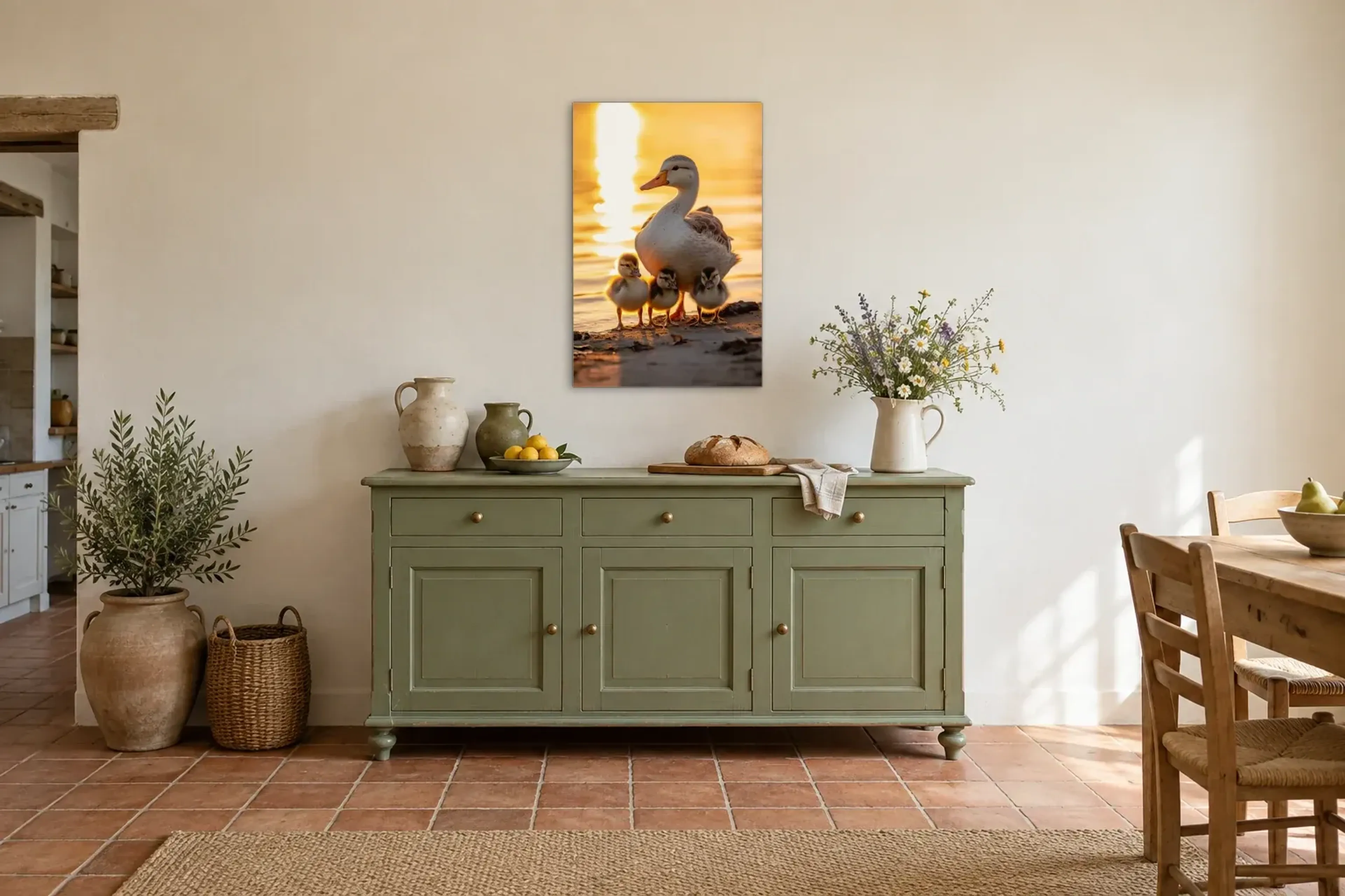 Entenfamilie im Abendlicht als Wandbild über einer 160-cm-Anrichte