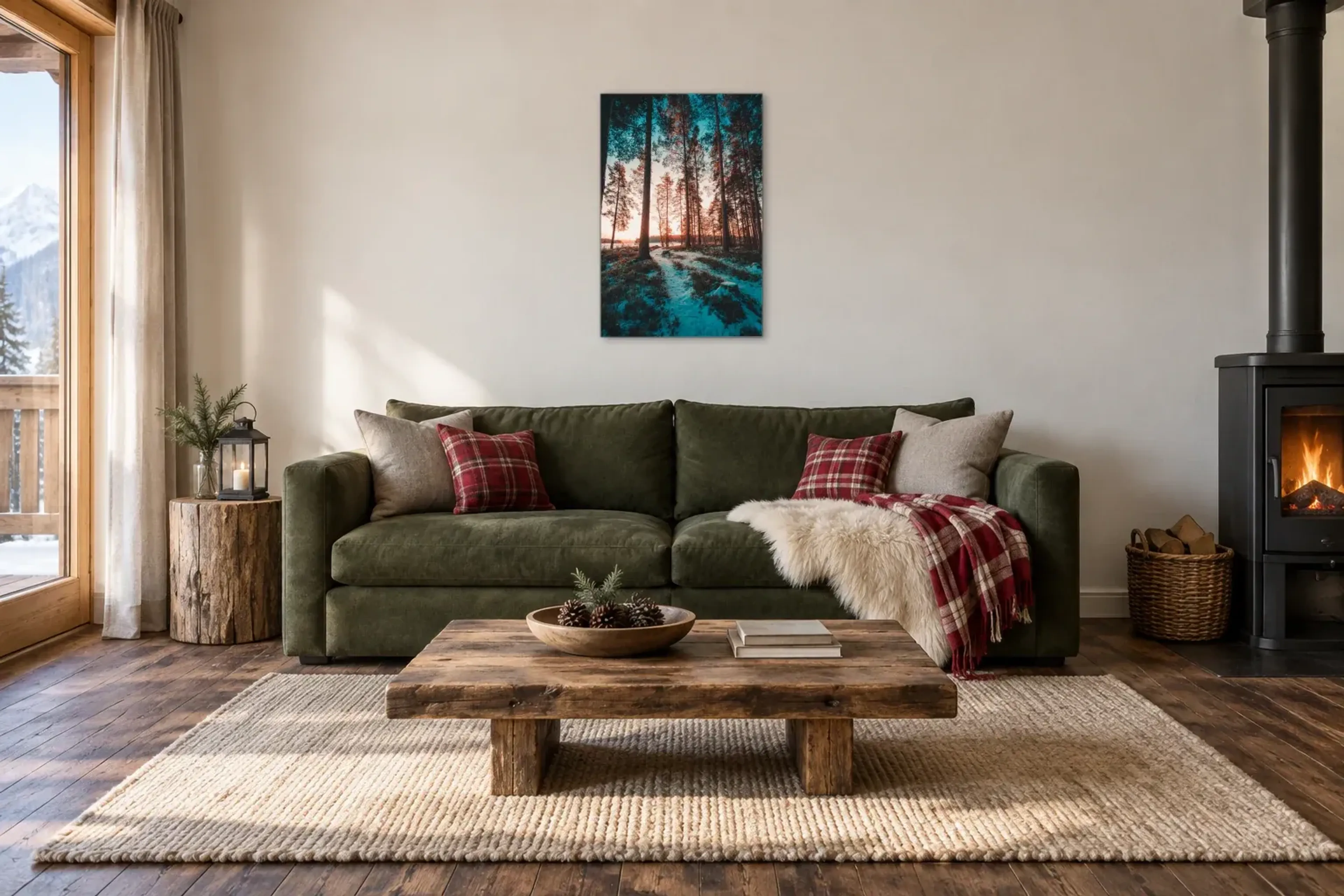 Winterpfad im Abendlicht als Wandbild über einem 220-cm-Sofa