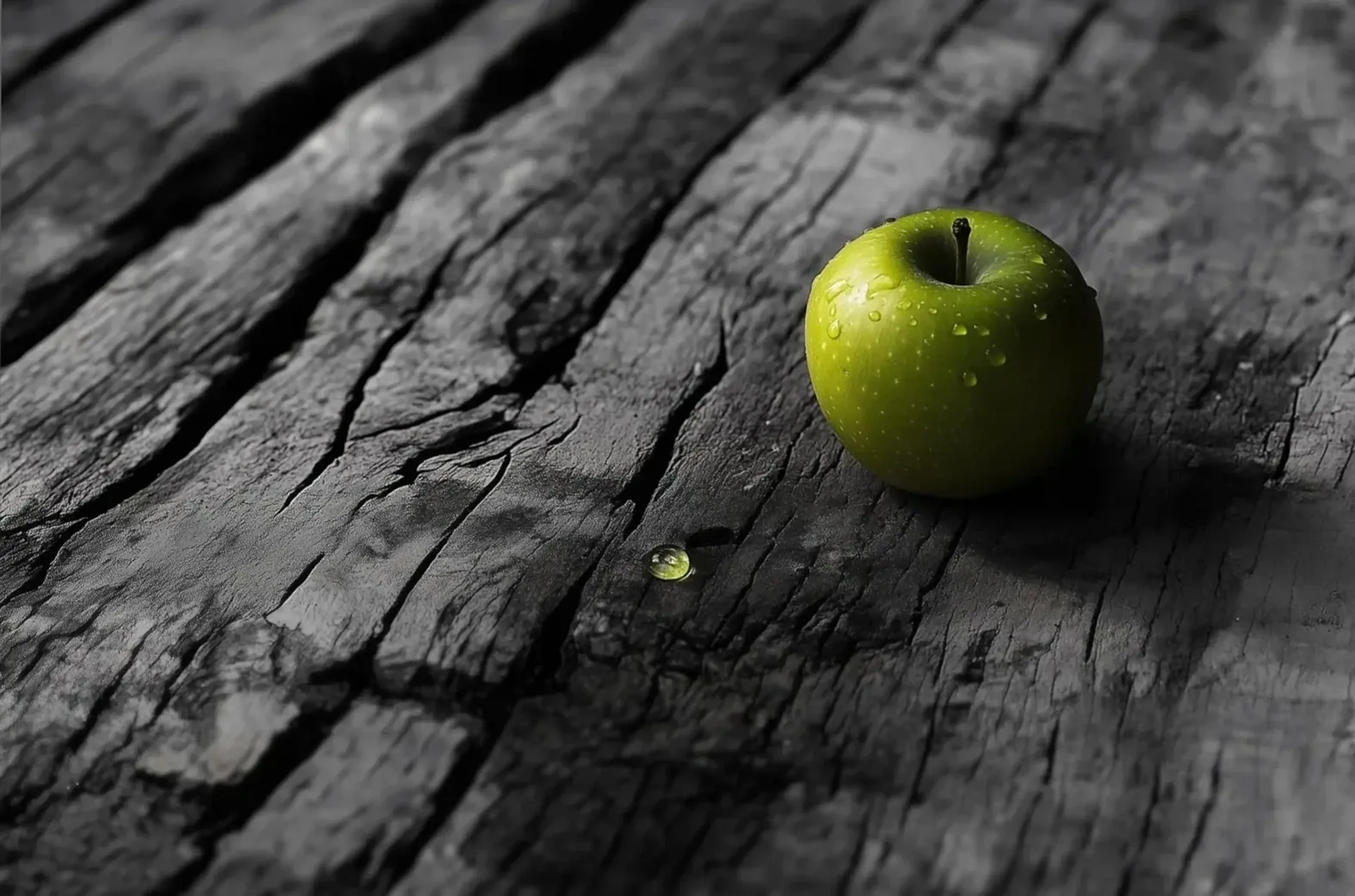 Ein grüner Apfel mit Wassertropfen liegt auf dunklem, rissigem Holz; daneben befindet sich ein einzelner Tropfen.