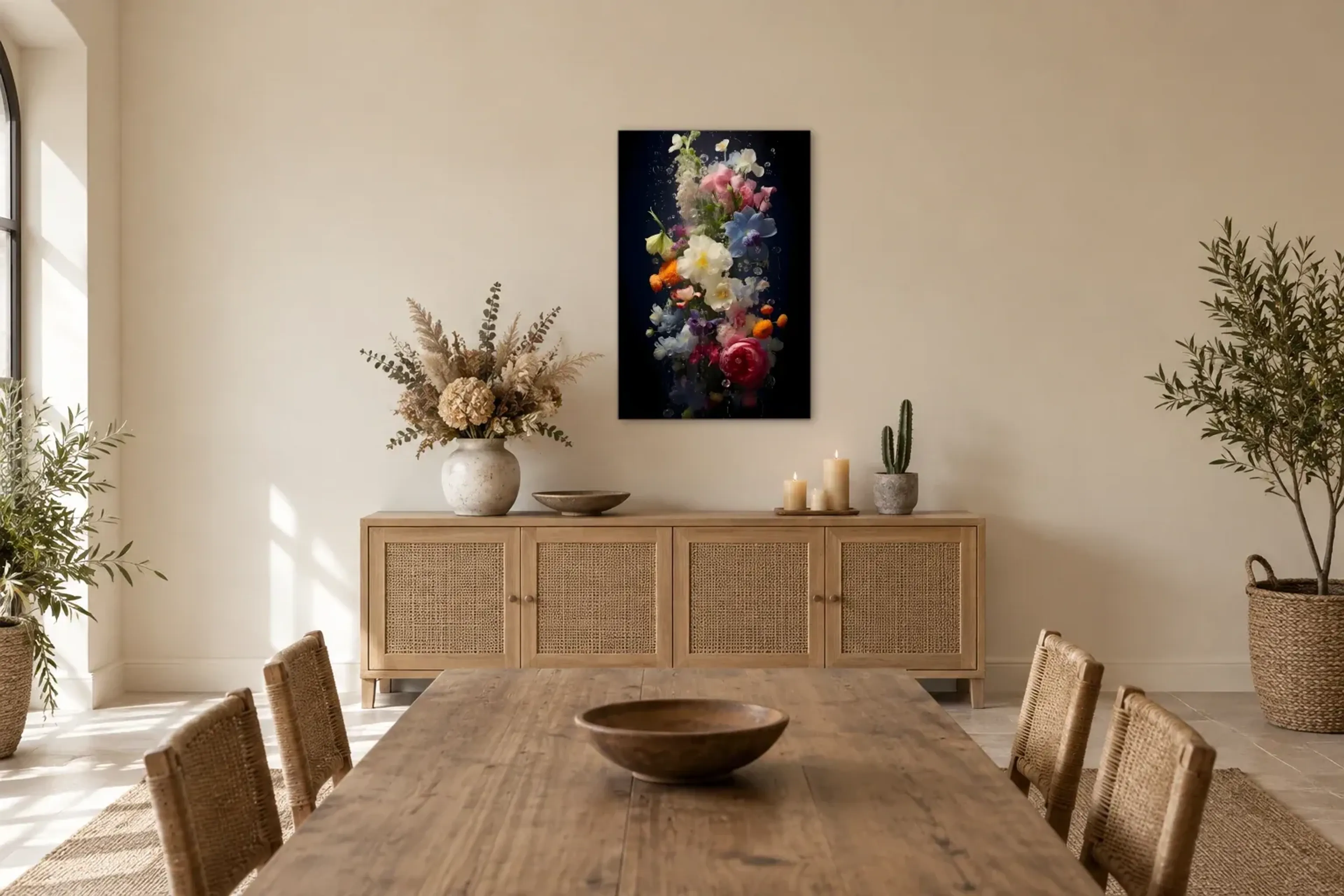 Blüten unter Wasser als Wandbild über einem 160-cm-Sideboard