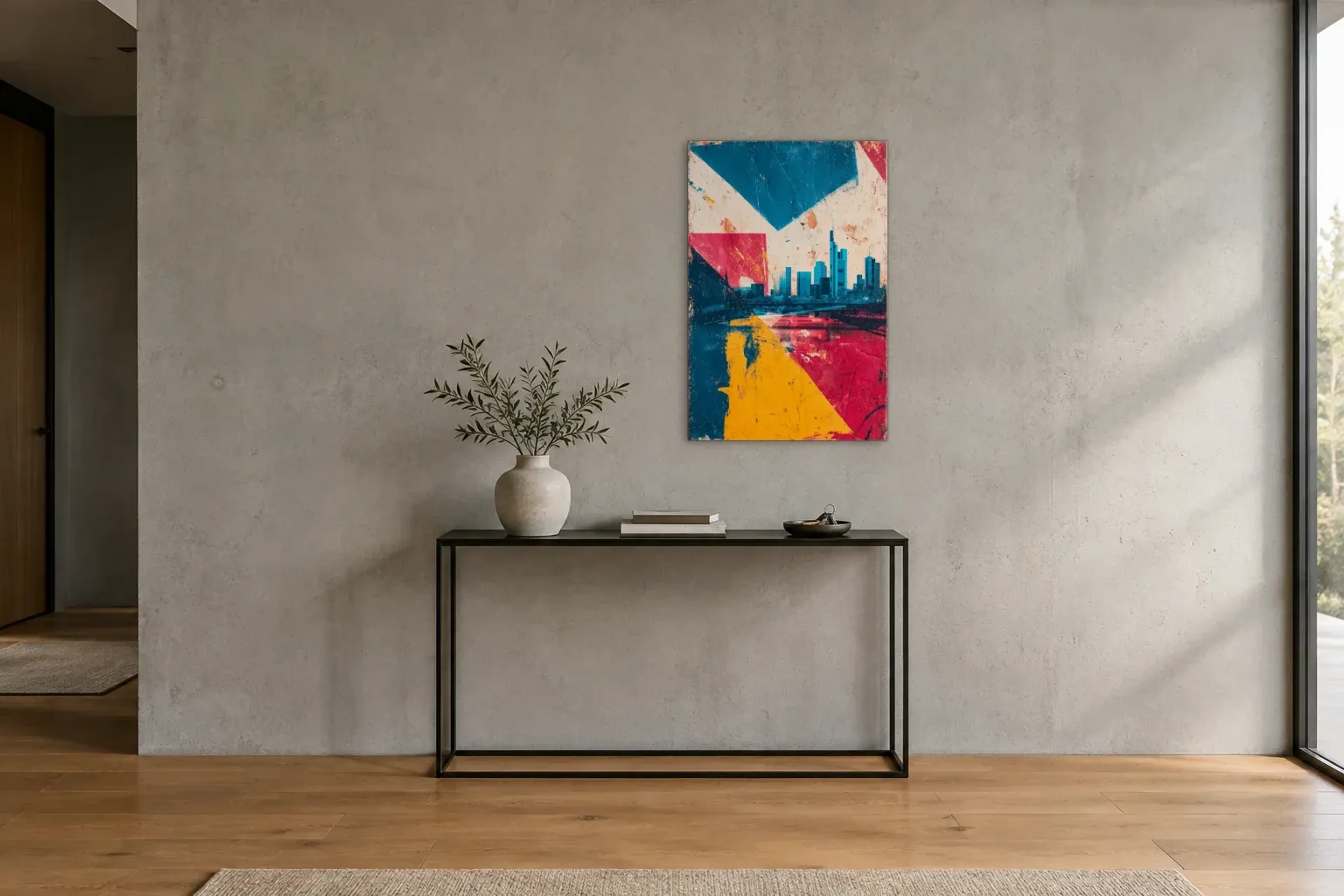 Frankfurt in Farbflächen als Wandbild über einer 120-cm-Konsole