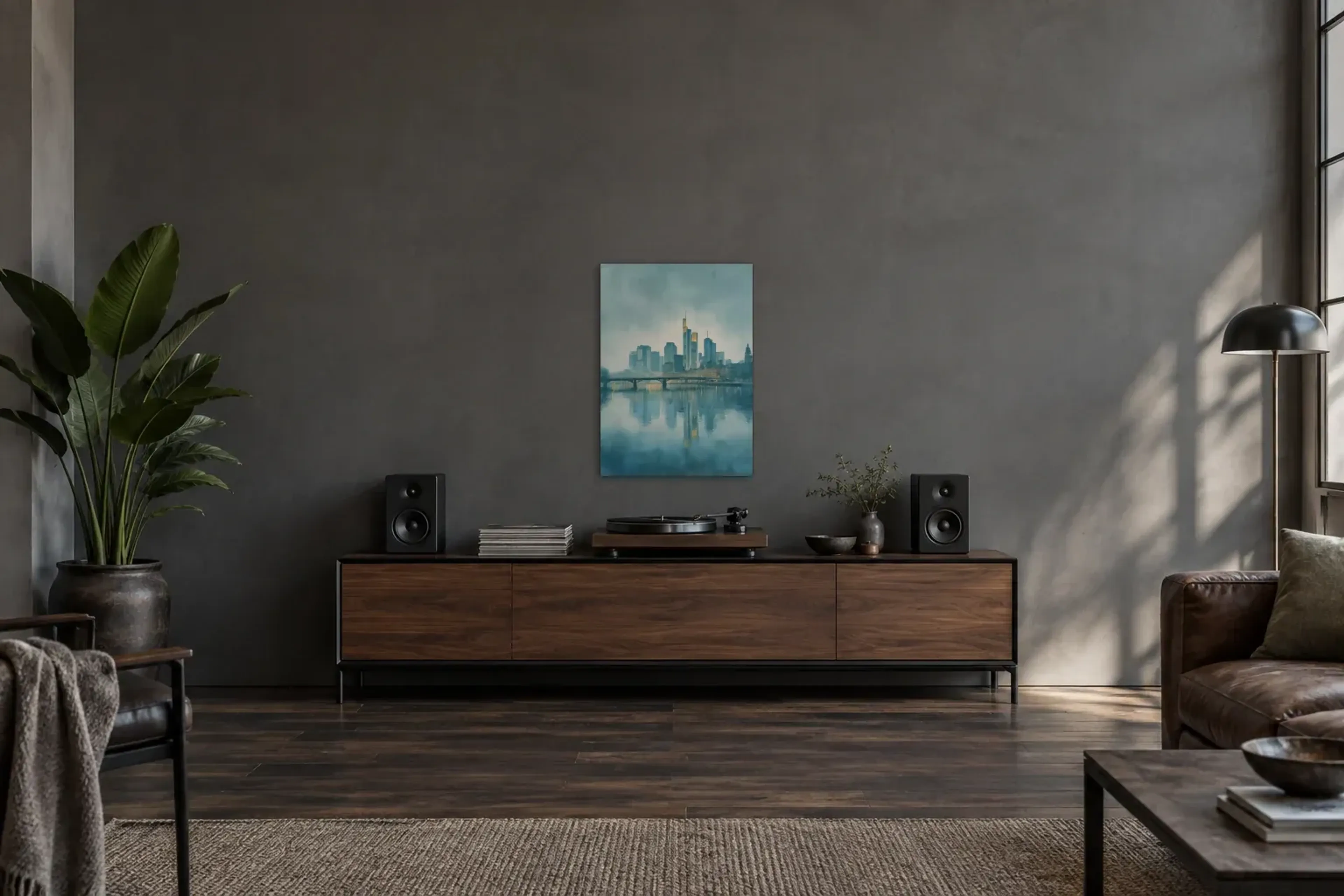 Frankfurt in sanftem Blau als Wandbild über einem 200-cm-Sideboard