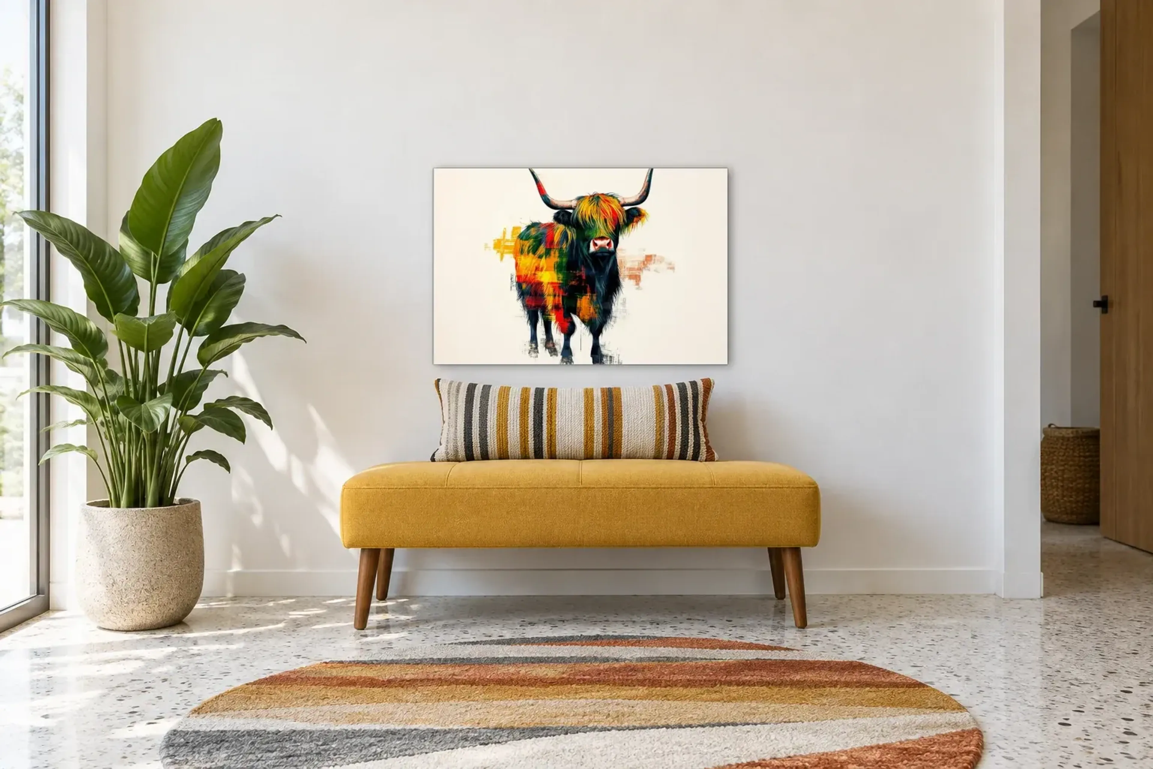 Hochlandrind im Farbenkleid als Wandbild über einer 120-cm-Bank