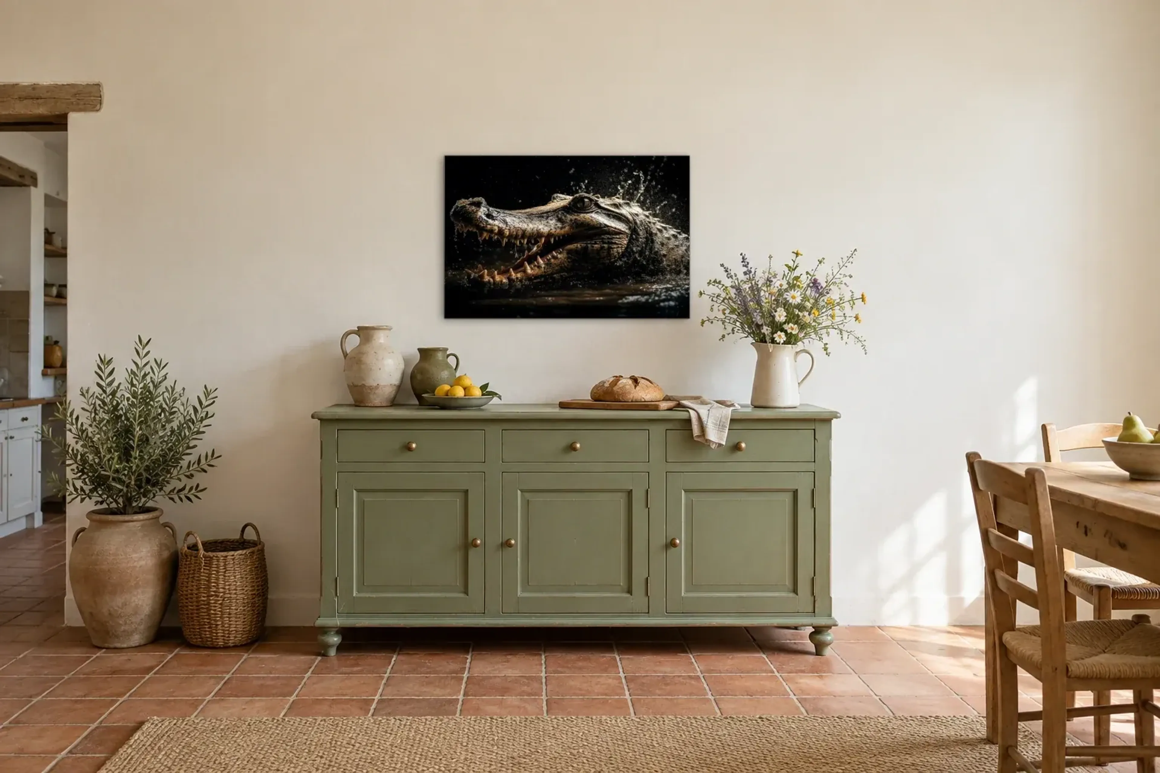 Krokodil mit offenem Maul als Wandbild über einer 160-cm-Anrichte