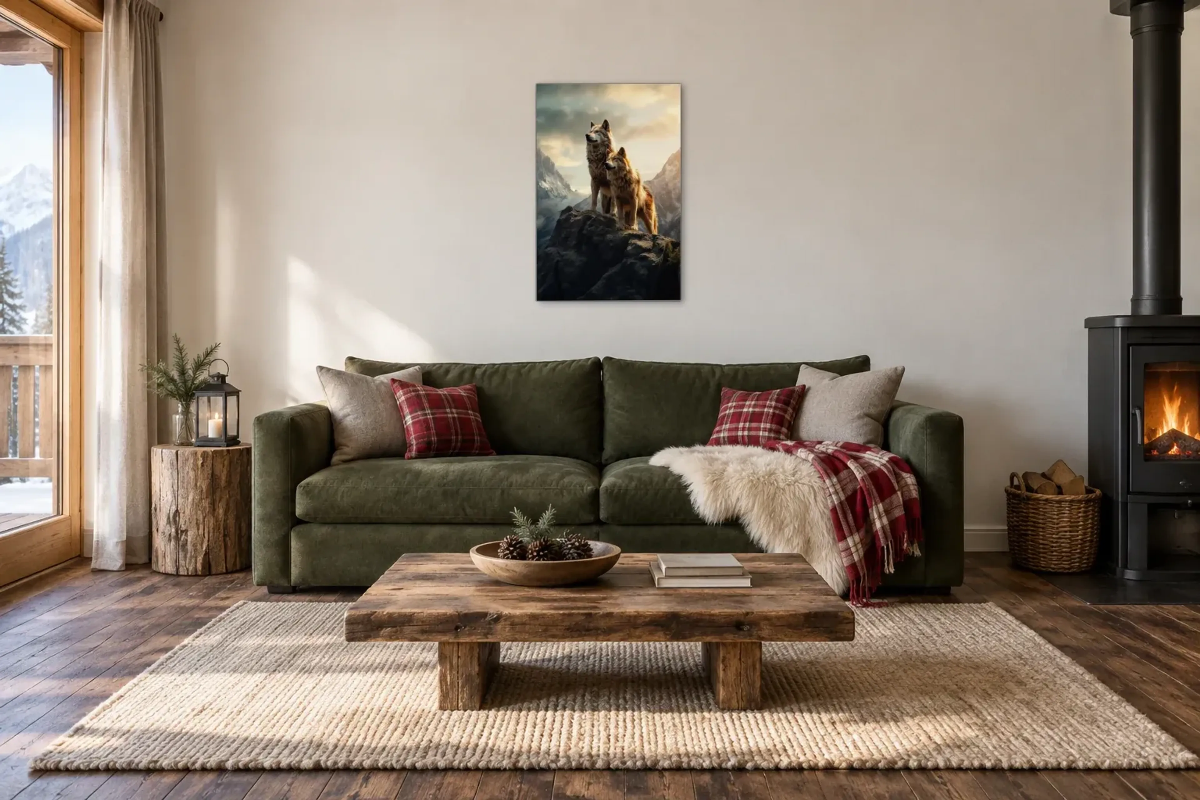 Wölfe auf dem Fels als Wandbild über einem 220-cm-Sofa