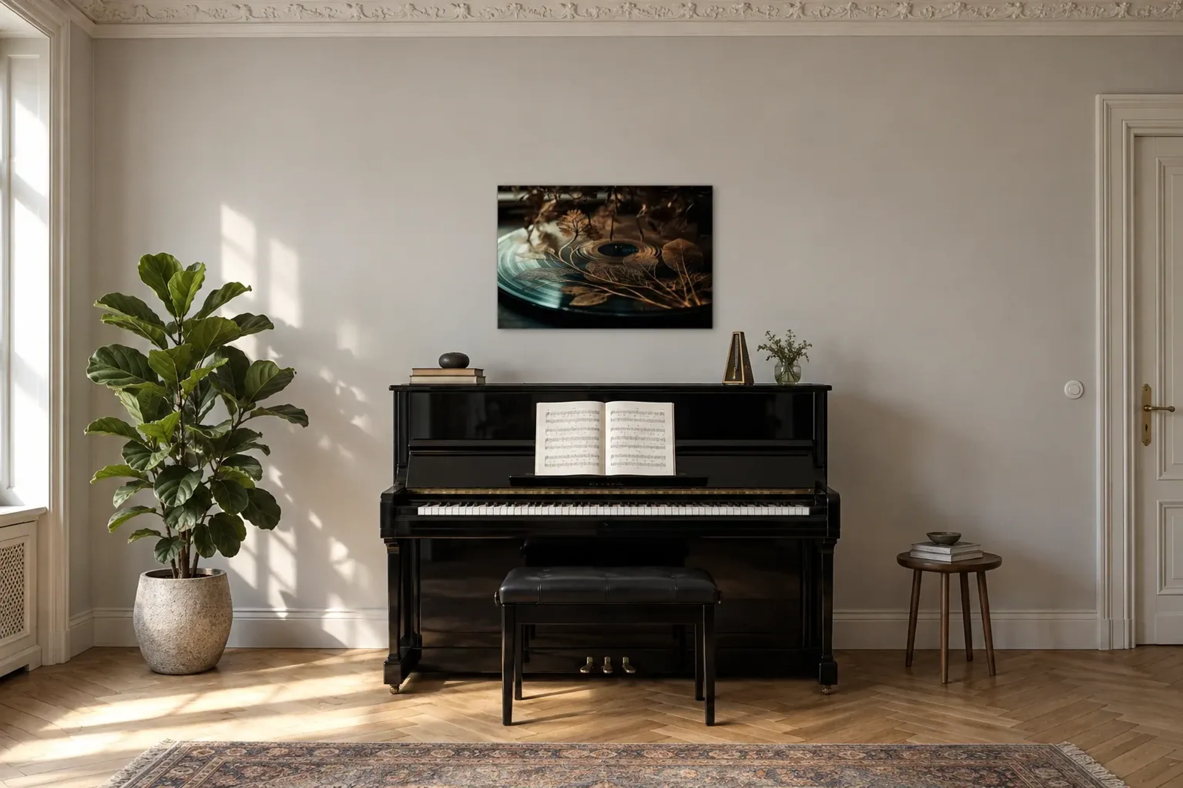 Schallplatte mit Blättern als Wandbild über einem 150-cm-Klavier