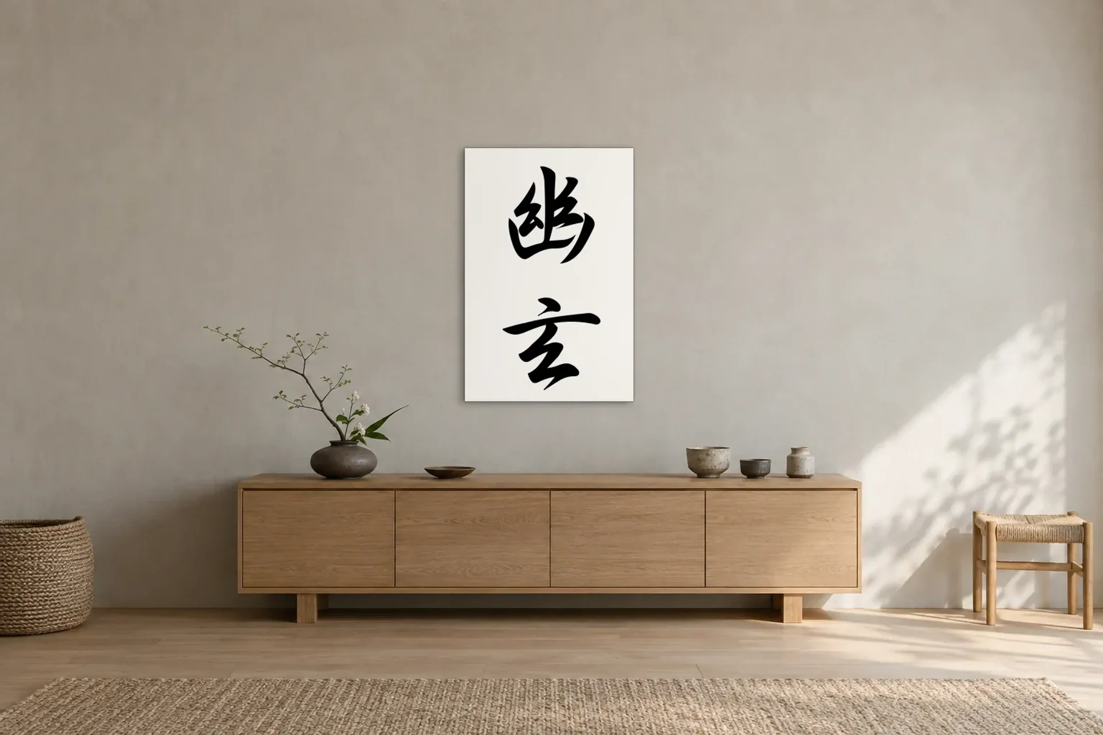 Yugen in Schwarz-Weiß als Wandbild über einem 180-cm-Sideboard