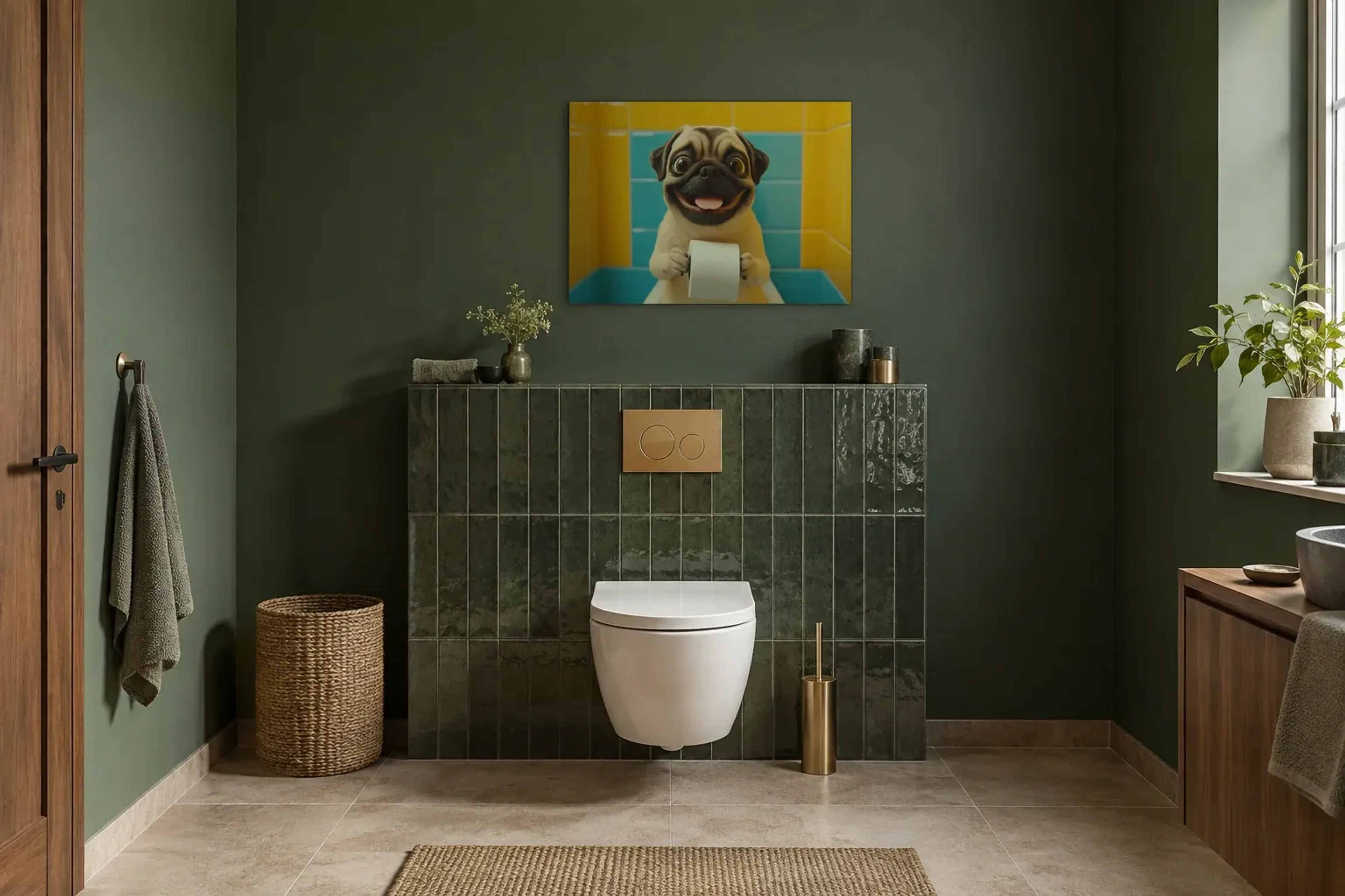 Mops zwischen bunten Fliesen als Wandbild im Gäste-WC