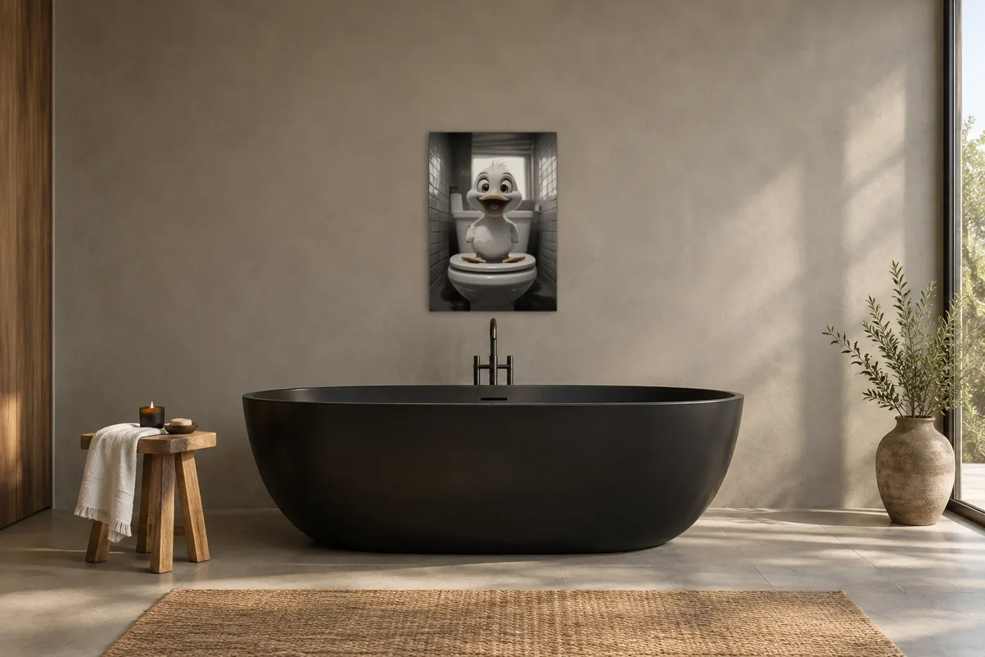Lachende Ente als Wandbild über einer 170-cm-Badewanne