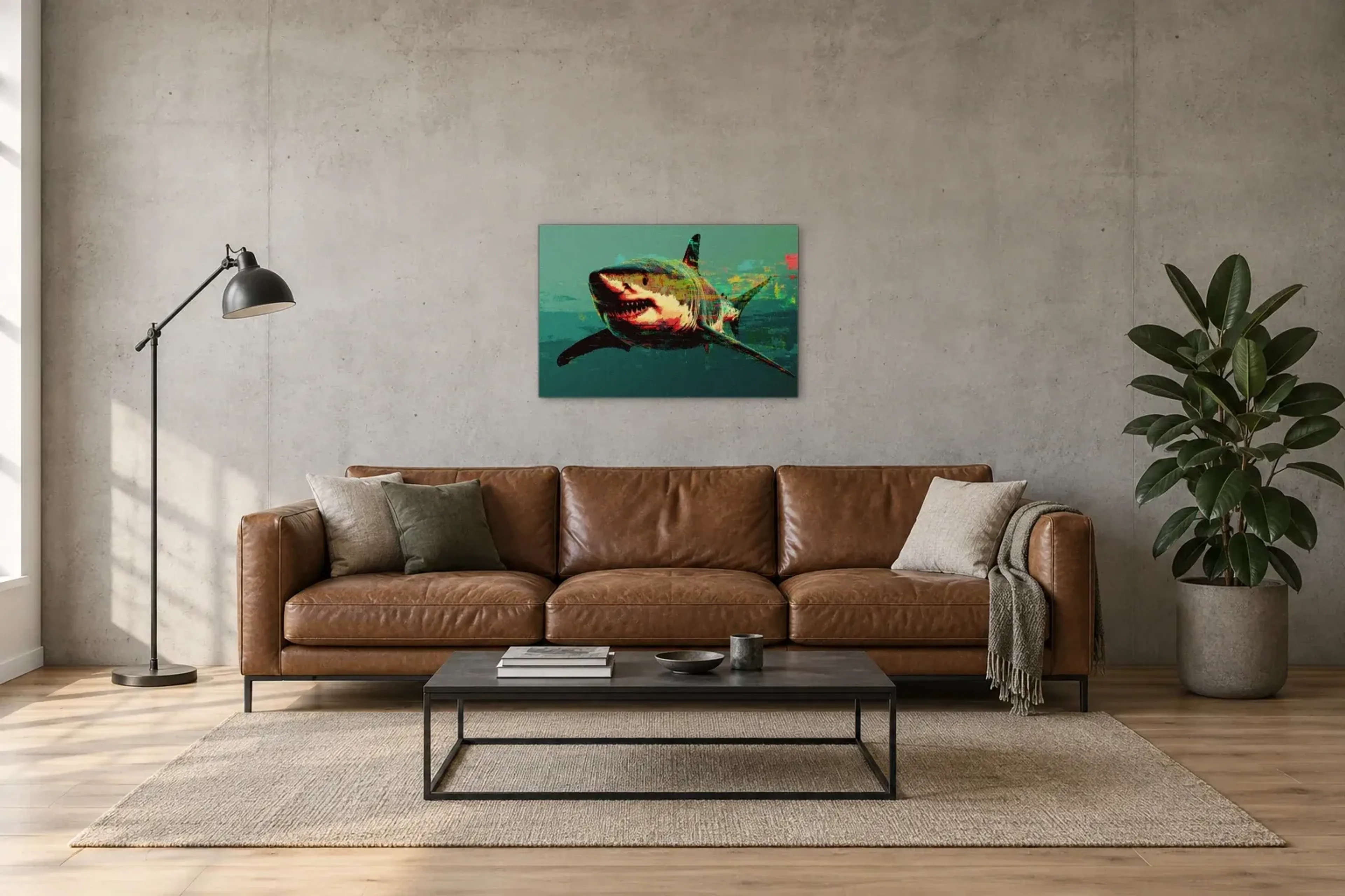 Hai mit offenem Maul als Wandbild über einem 220-cm-Sofa