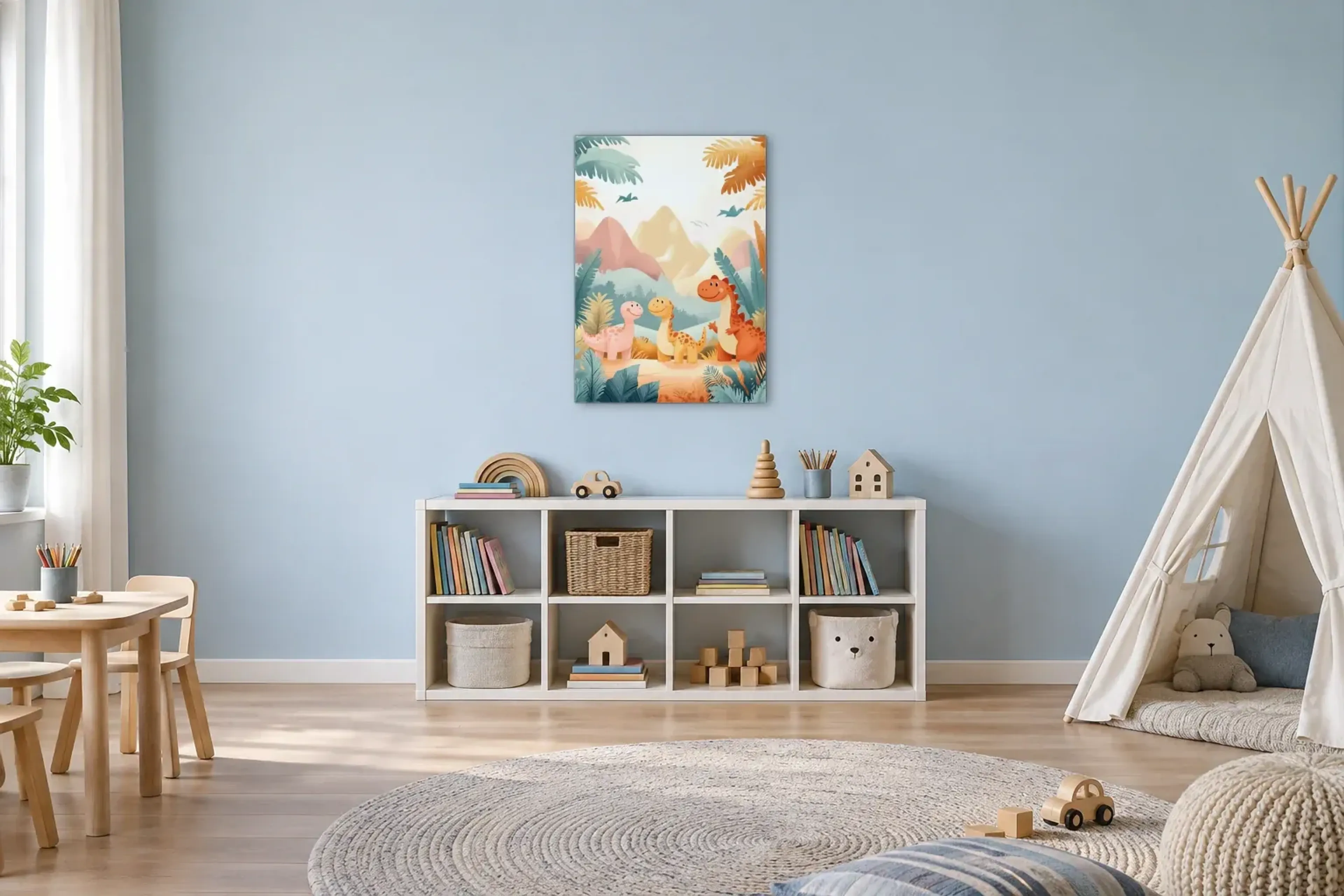 Dino-Trio zwischen Bergen als Wandbild über einem 120-cm-Spielregal