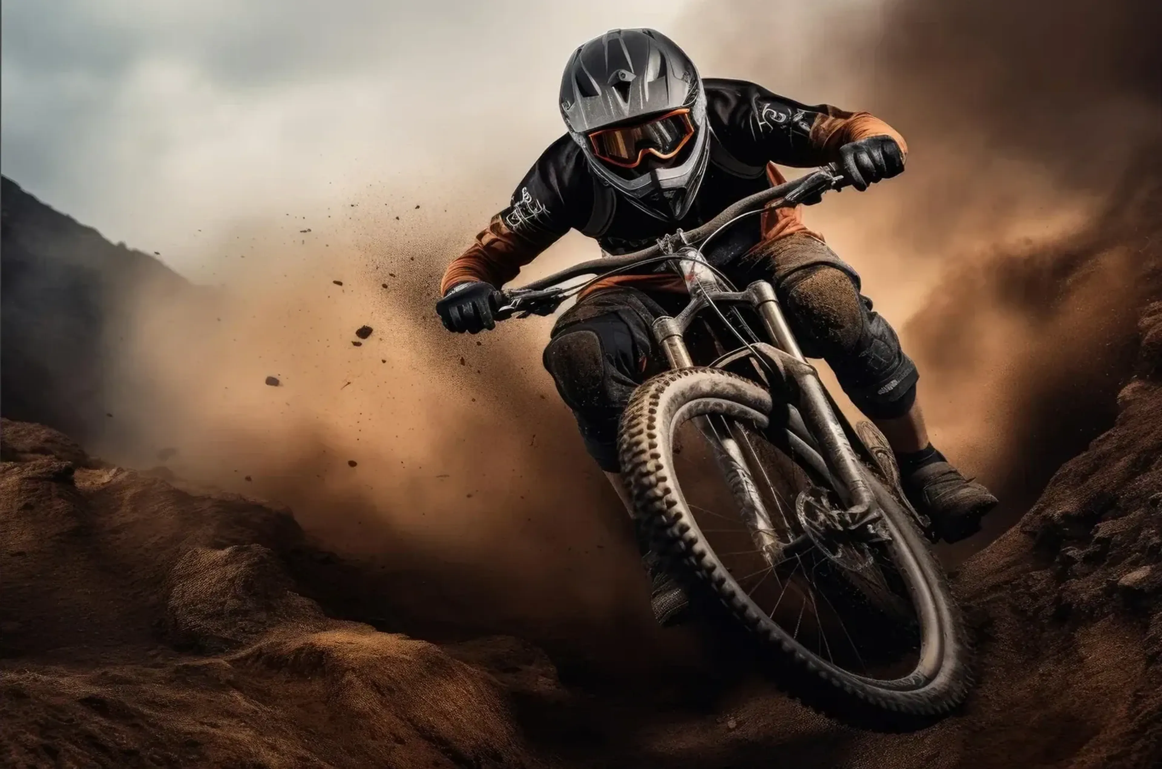 Mountainbiker in der Staubwolke – Motiv als Wandbild auf Holz