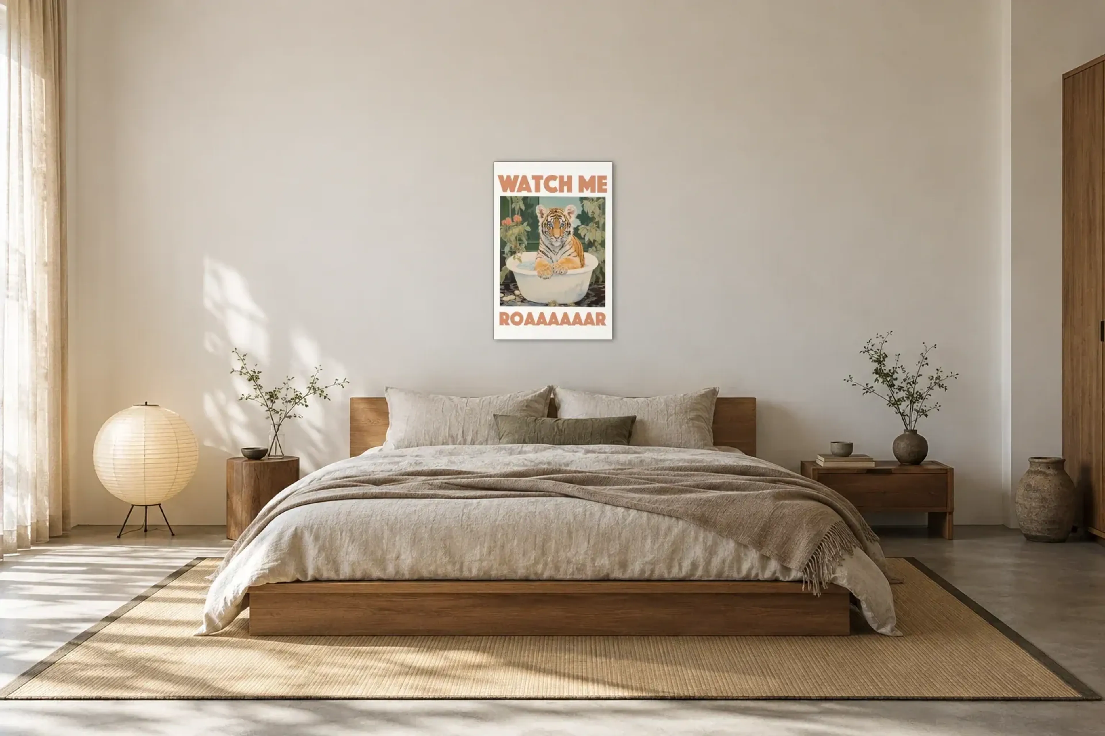 Tiger Badewanne als Wandbild über einem 180-cm-Bett