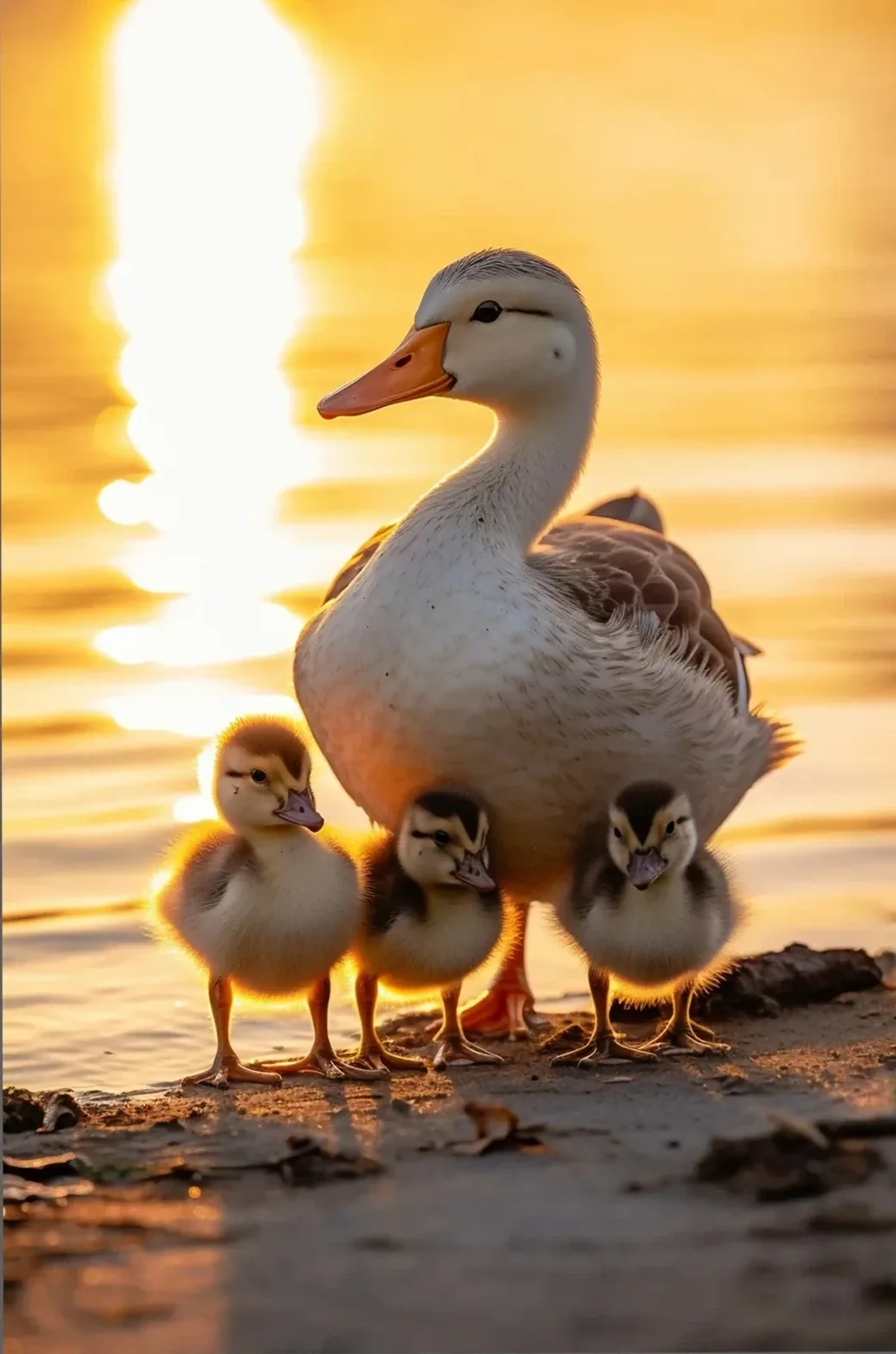 Eine Ente steht mit drei Küken am Ufer vor golden schimmerndem Wasser im Abendlicht.