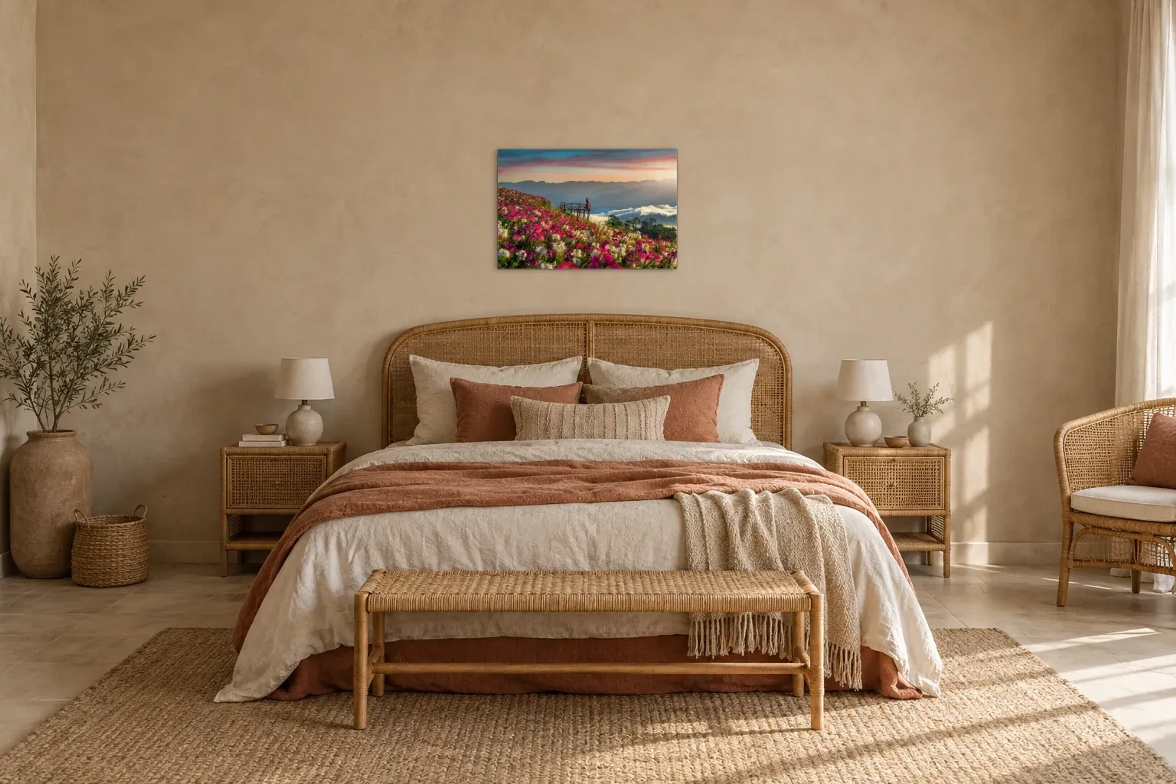 Blumenwiese als Wandbild über einem 180-cm-Bett