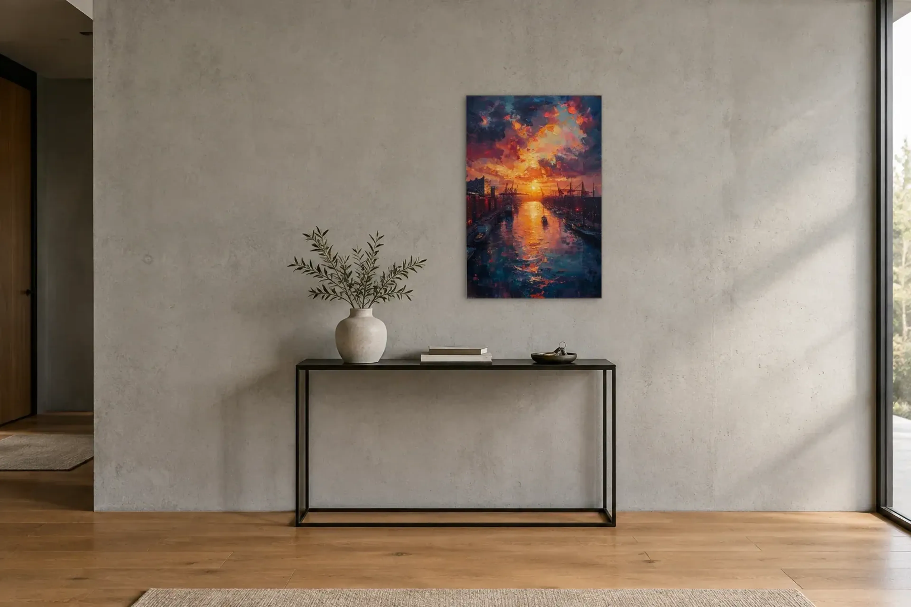 Abendsonne zwischen Hafenkränen als Wandbild über einer 120-cm-Konsole
