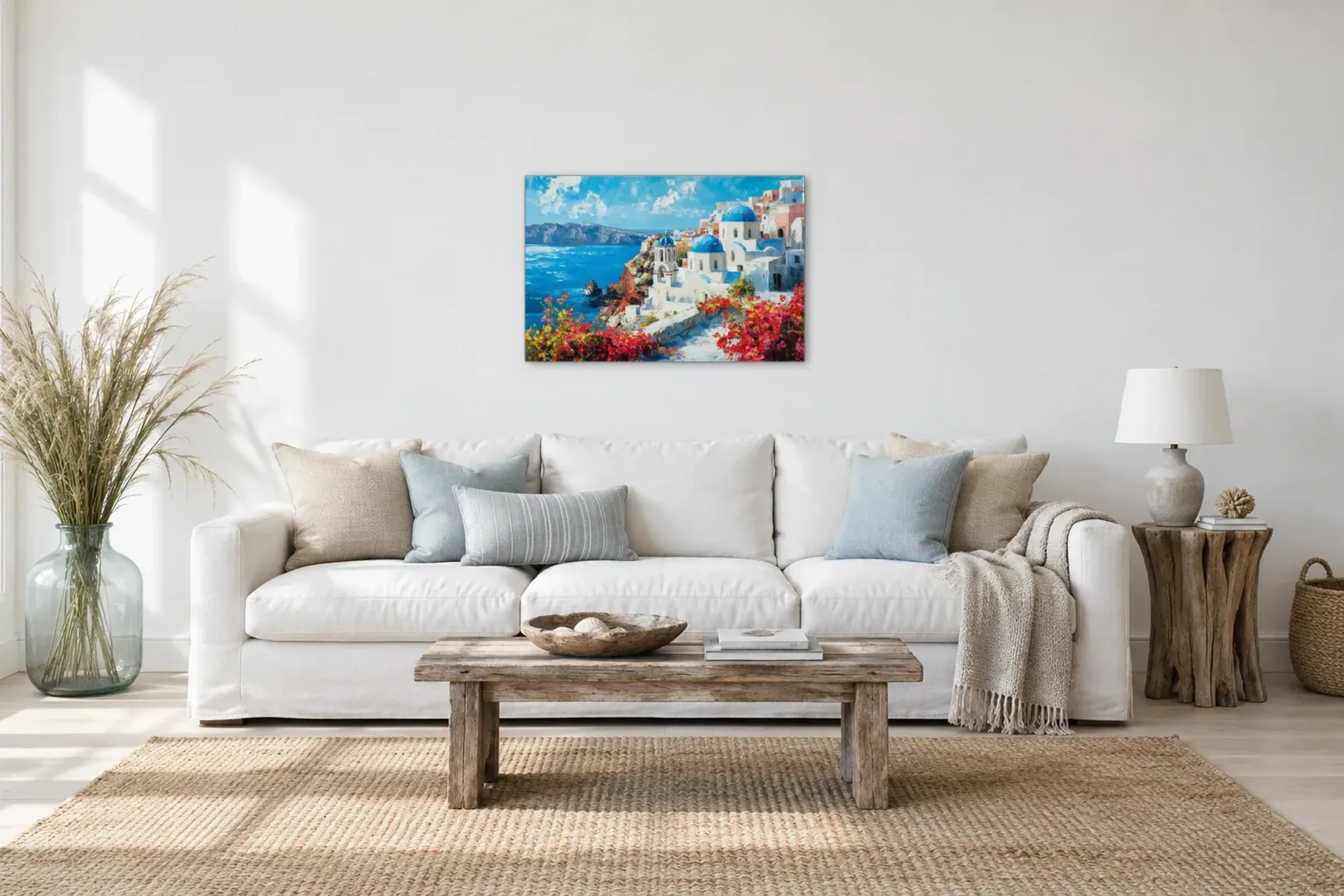 Santorini als Wandbild über einem 220-cm-Sofa