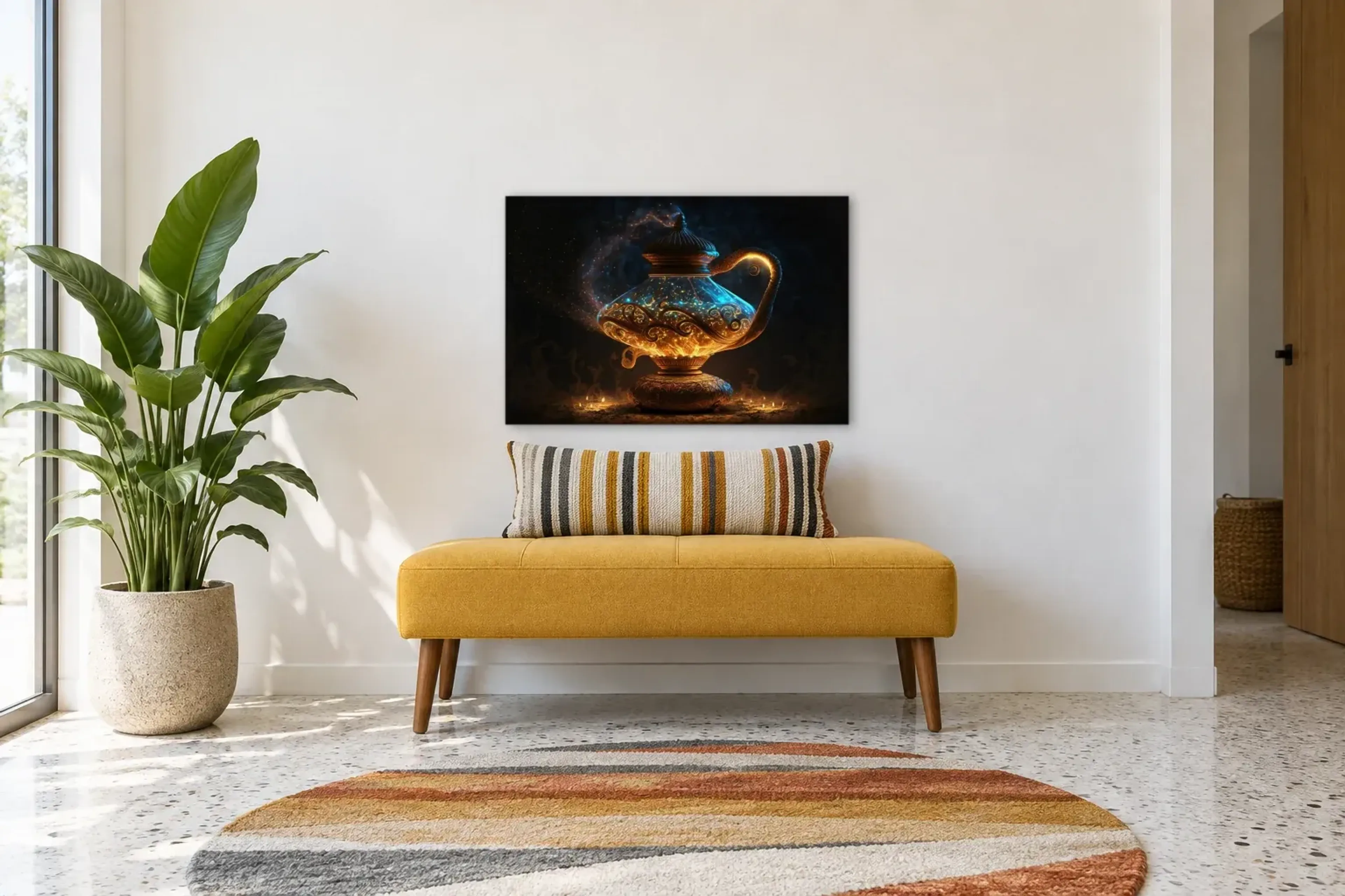 Leuchtende Wunderlampe als Wandbild über einer 120-cm-Bank