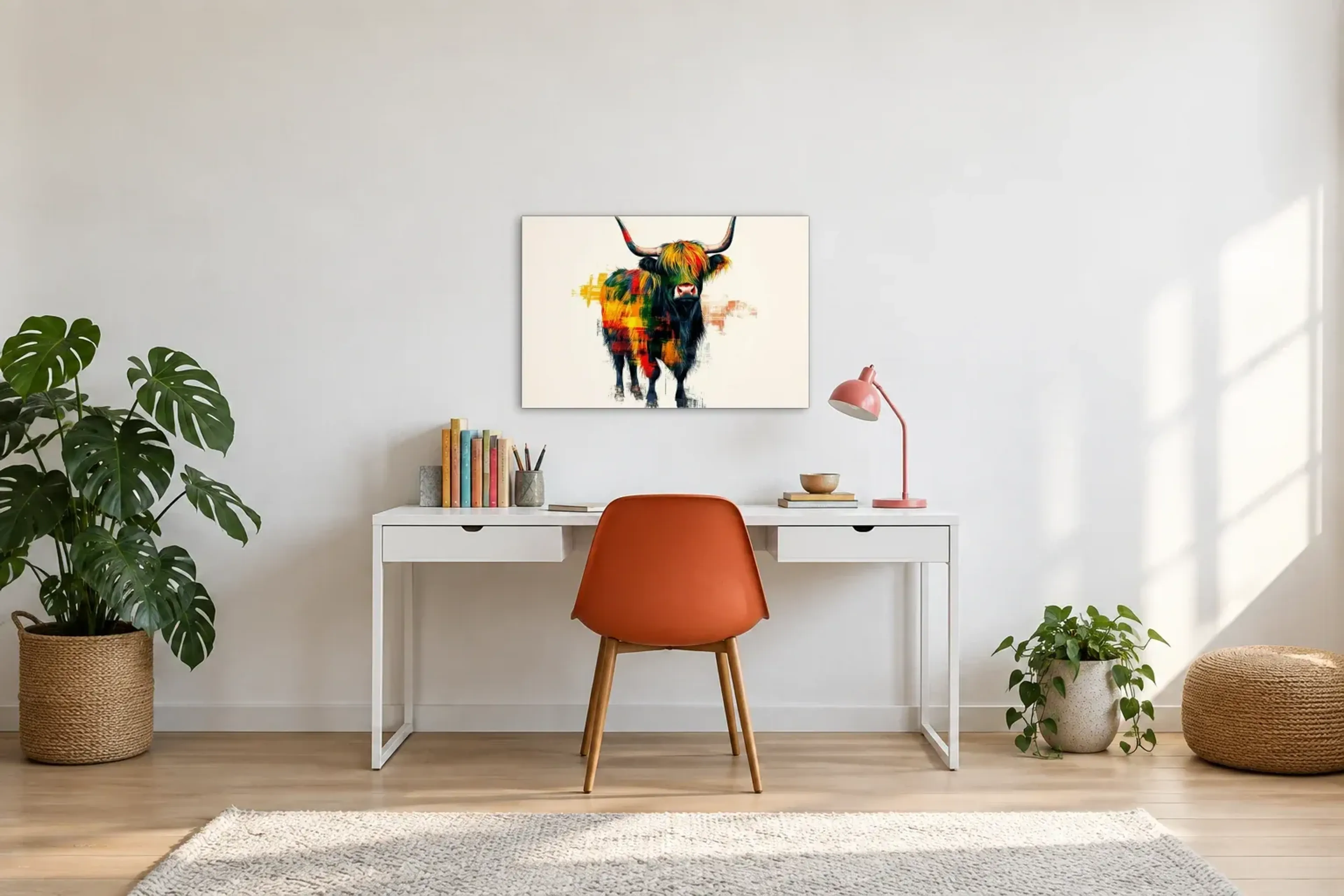 Hochlandrind im Farbenkleid als Wandbild über einem 140-cm-Schreibtisch