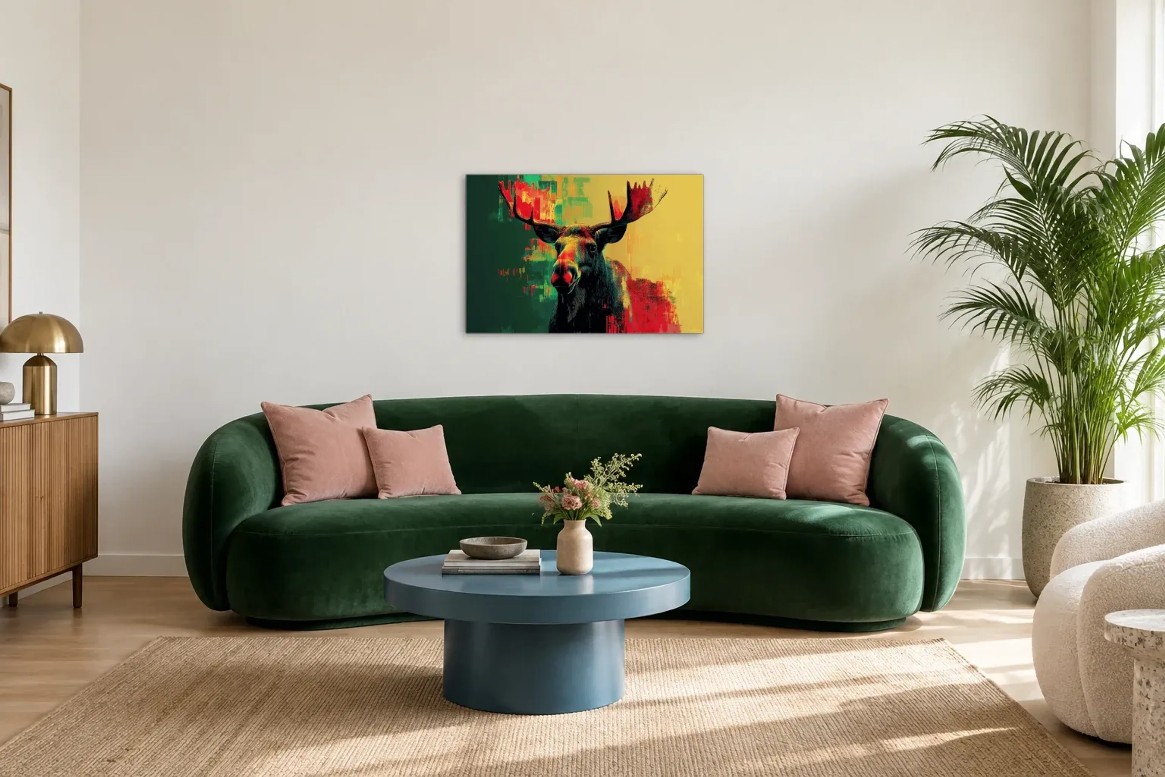 Elch vor Gelb und Grün als Wandbild über einem 220-cm-Sofa