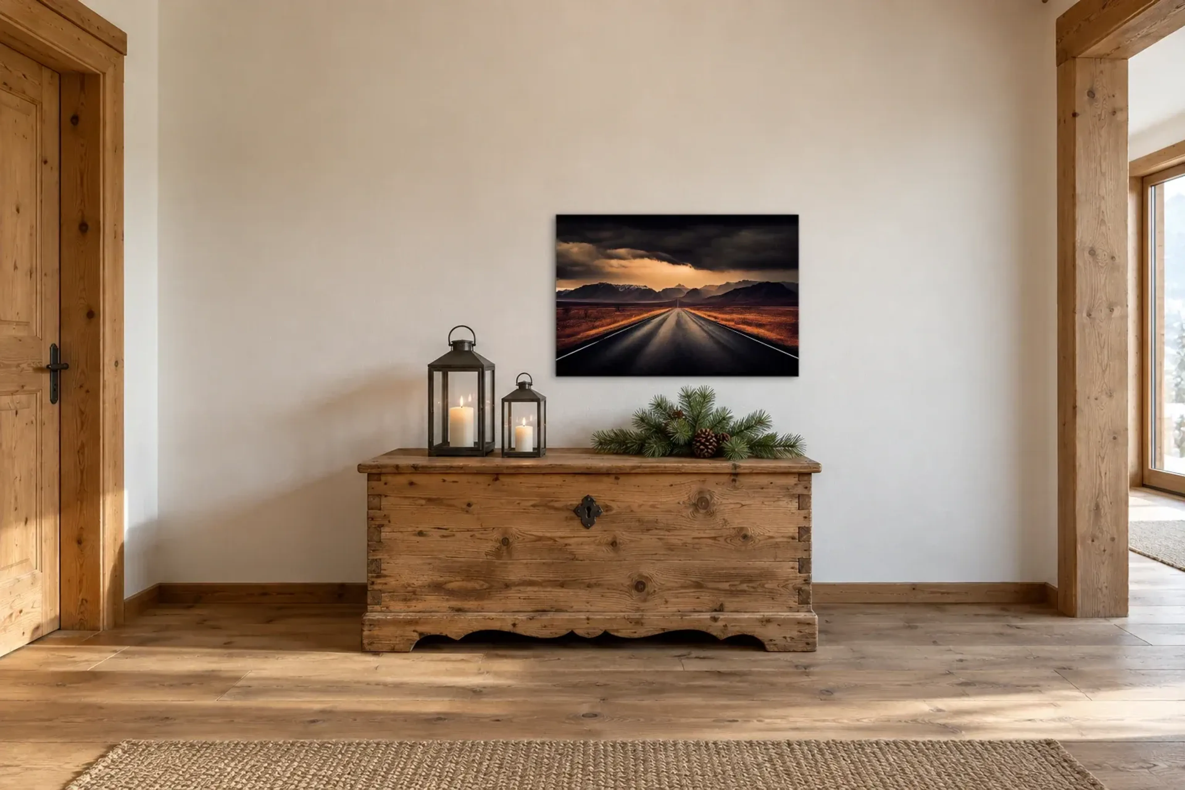 Straße zu den Bergen als Wandbild über einer 140-cm-Truhe