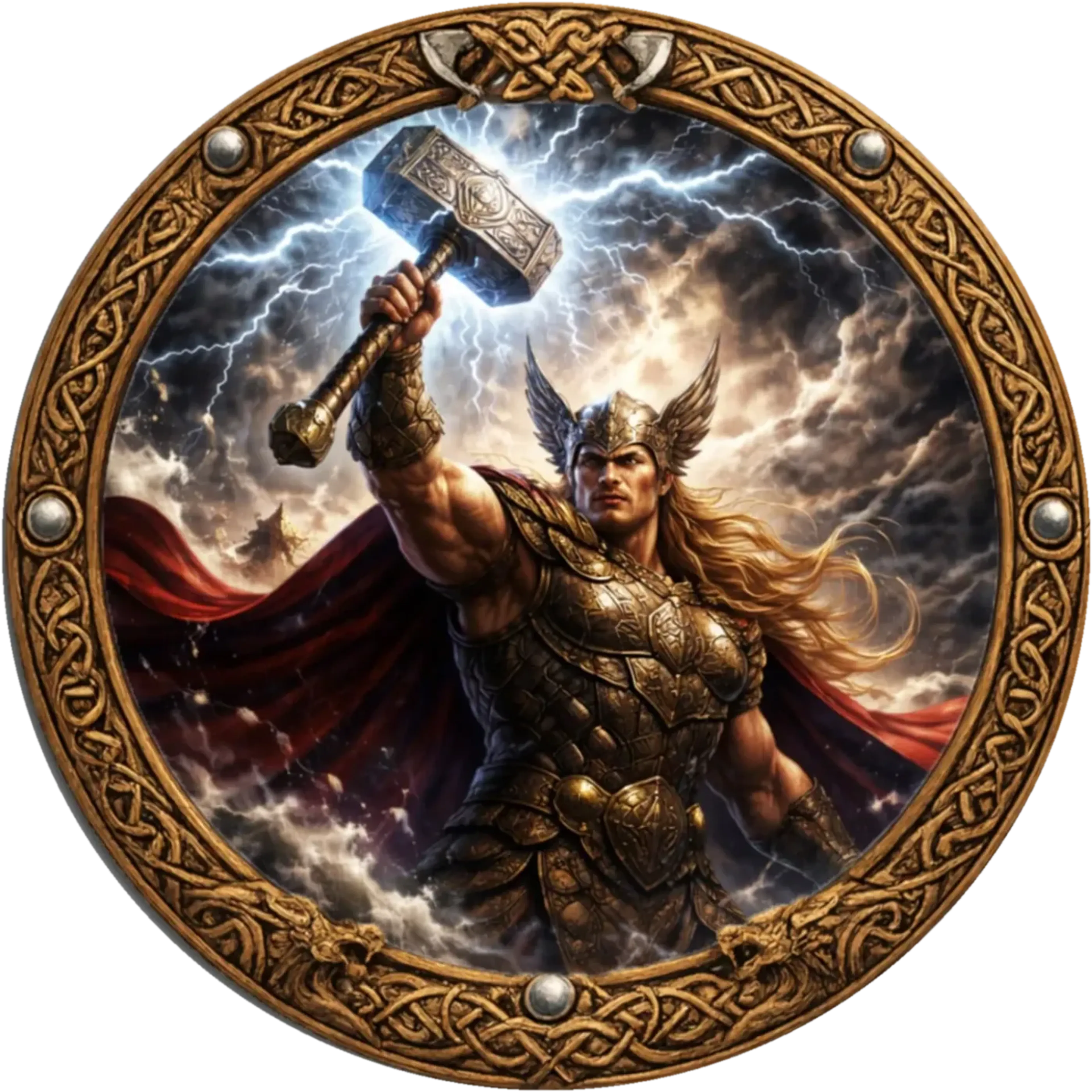 Thor mit geflügeltem Helm, goldfarbener Rüstung und rotem Umhang hebt seinen Hammer in den blitzenden Himmel.