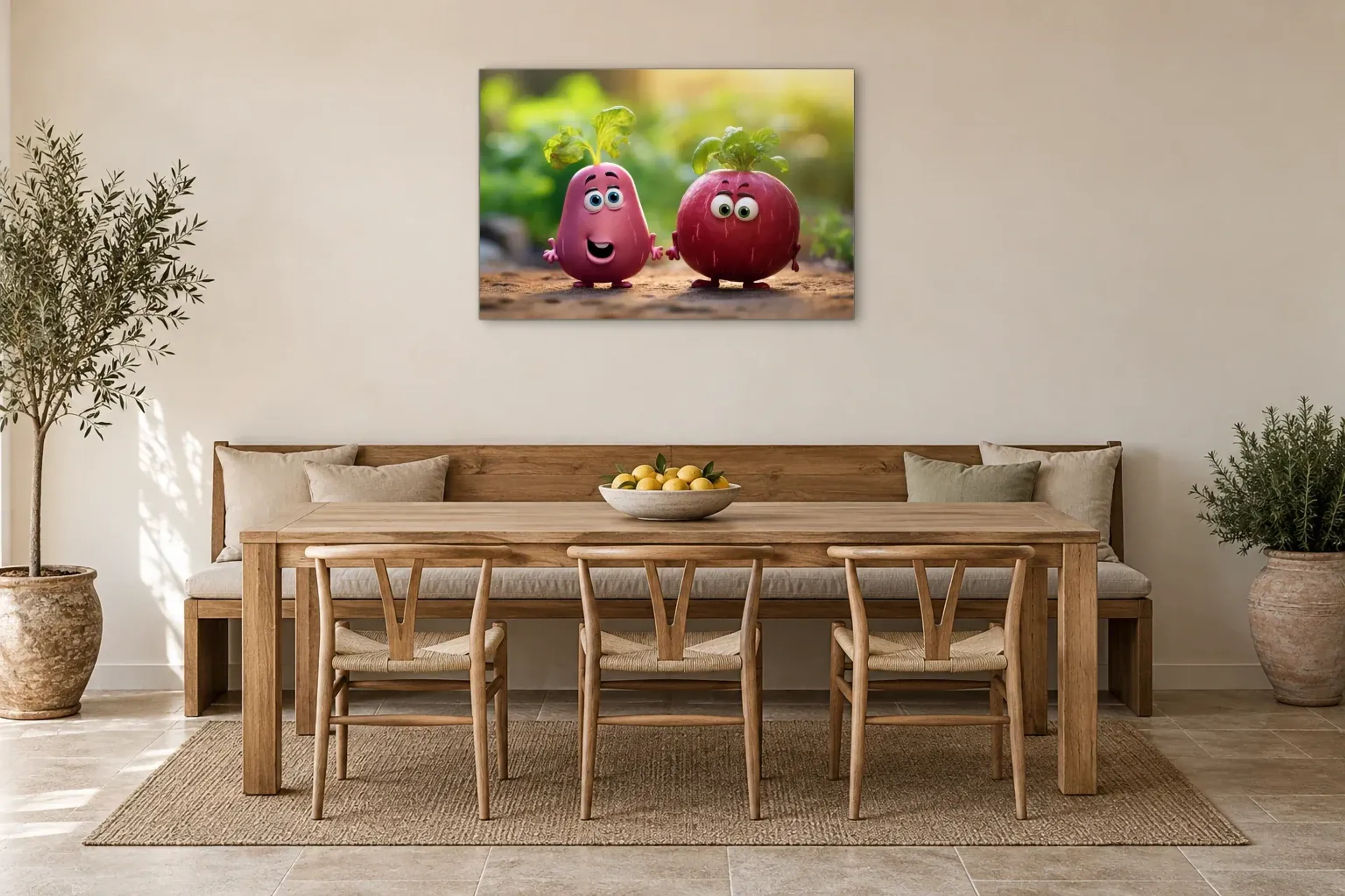 Zwei Radieschenfreunde als Wandbild über einer 200-cm-Sitzbank