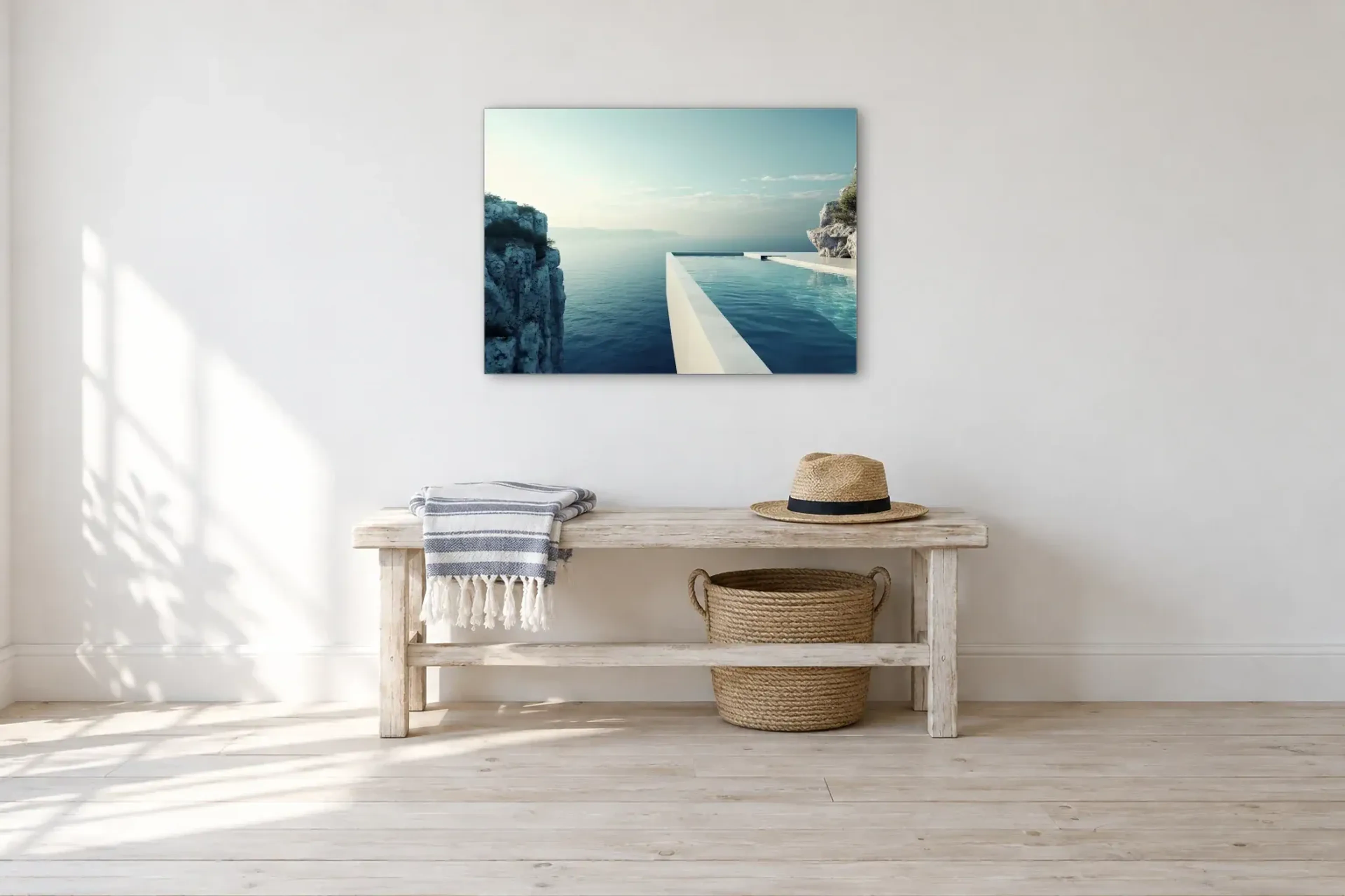 Ausblick vom Pool als Wandbild über einer 100-cm-Bank