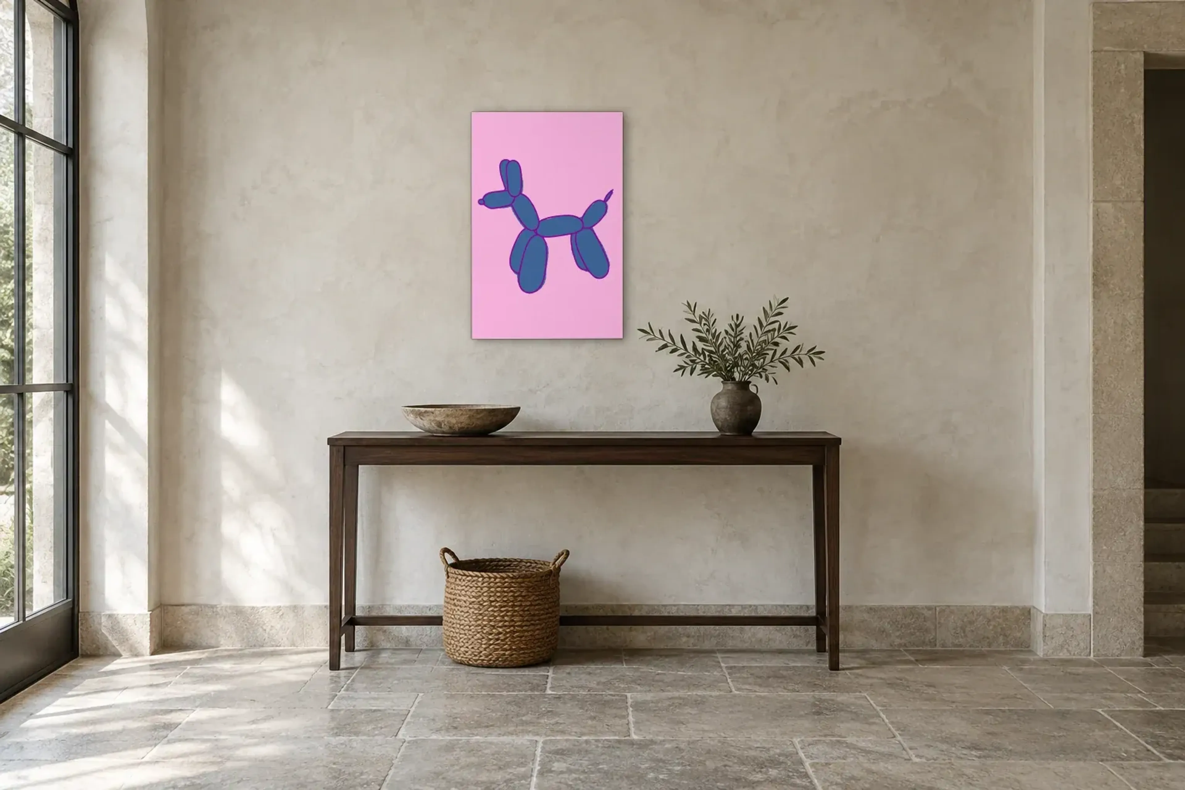 Ballonhund in Blau als Wandbild über einer 120-cm-Konsole