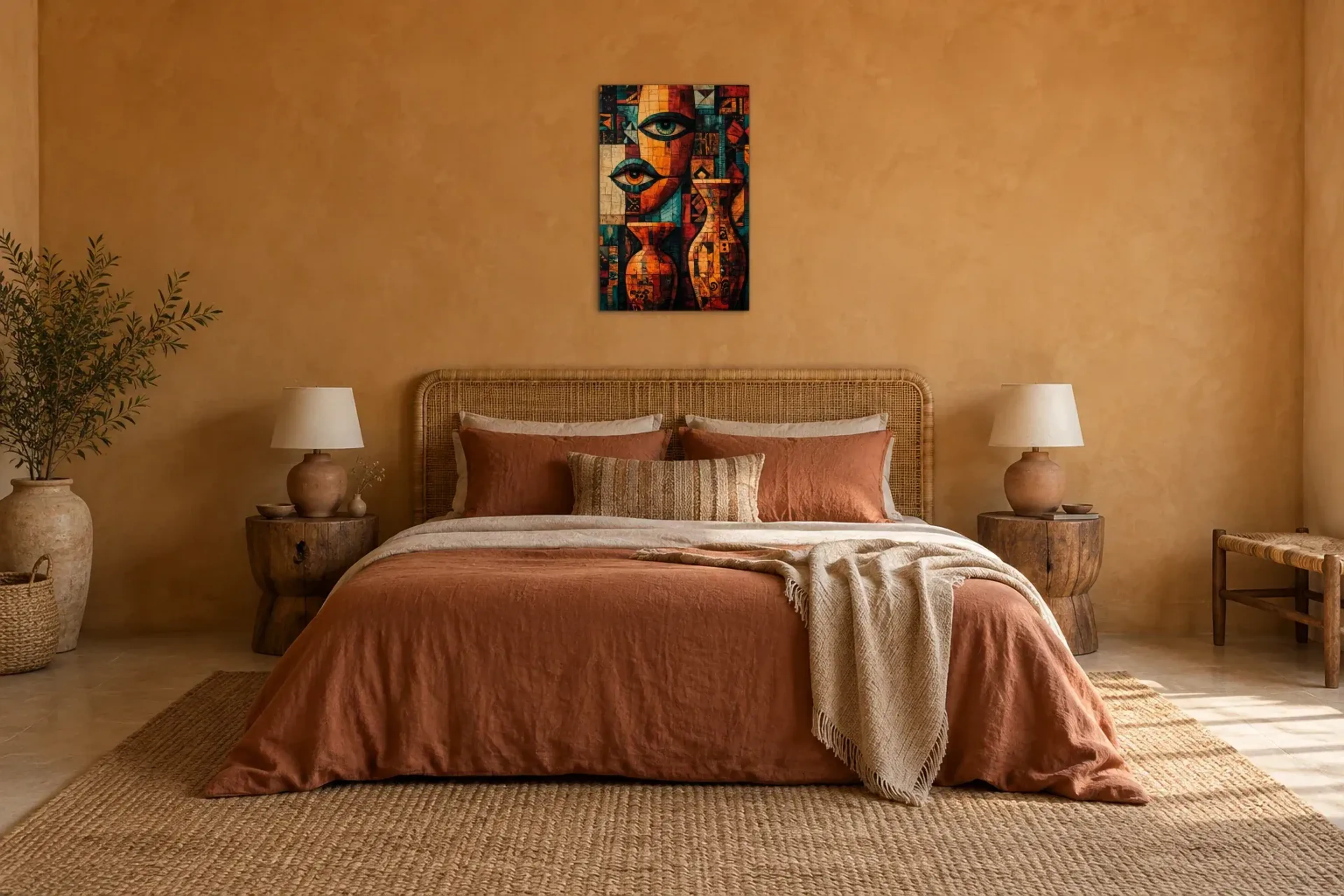 Augen und Vasen als Wandbild über einem 180-cm-Bett