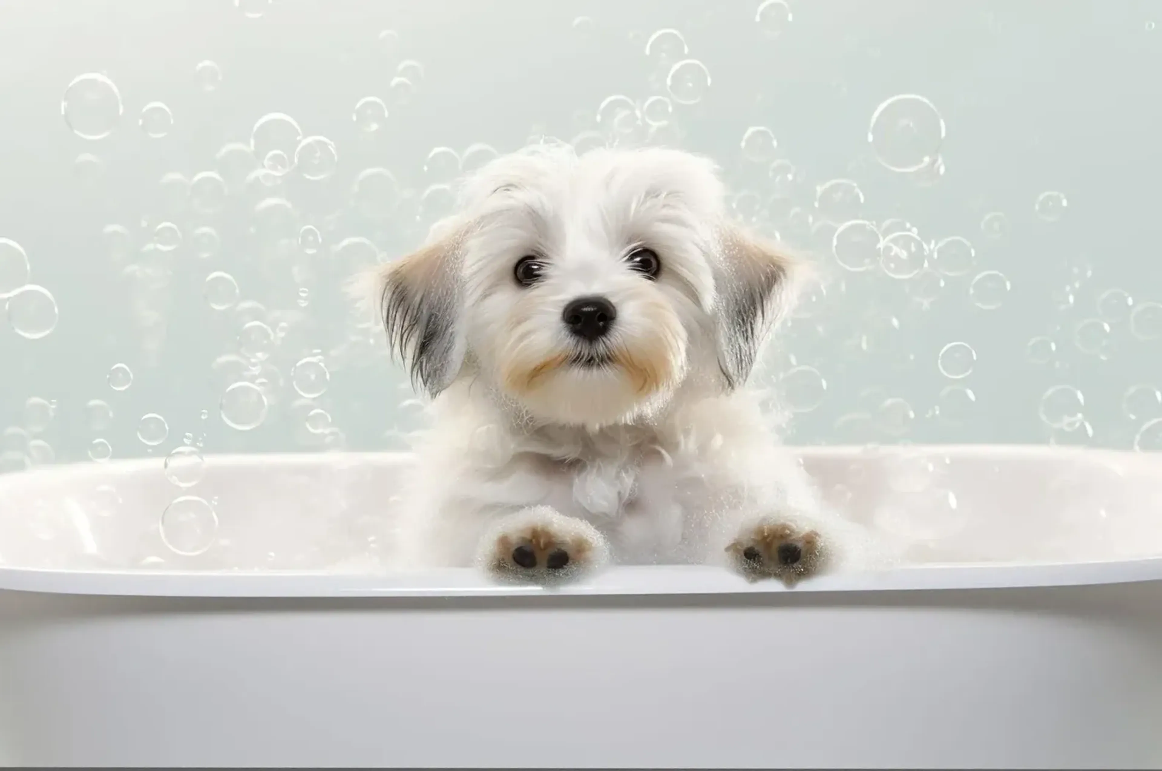 Ein weißer Havaneser mit grauen Ohren schaut aus einer weißen Badewanne, hinter ihm schweben viele Seifenblasen.