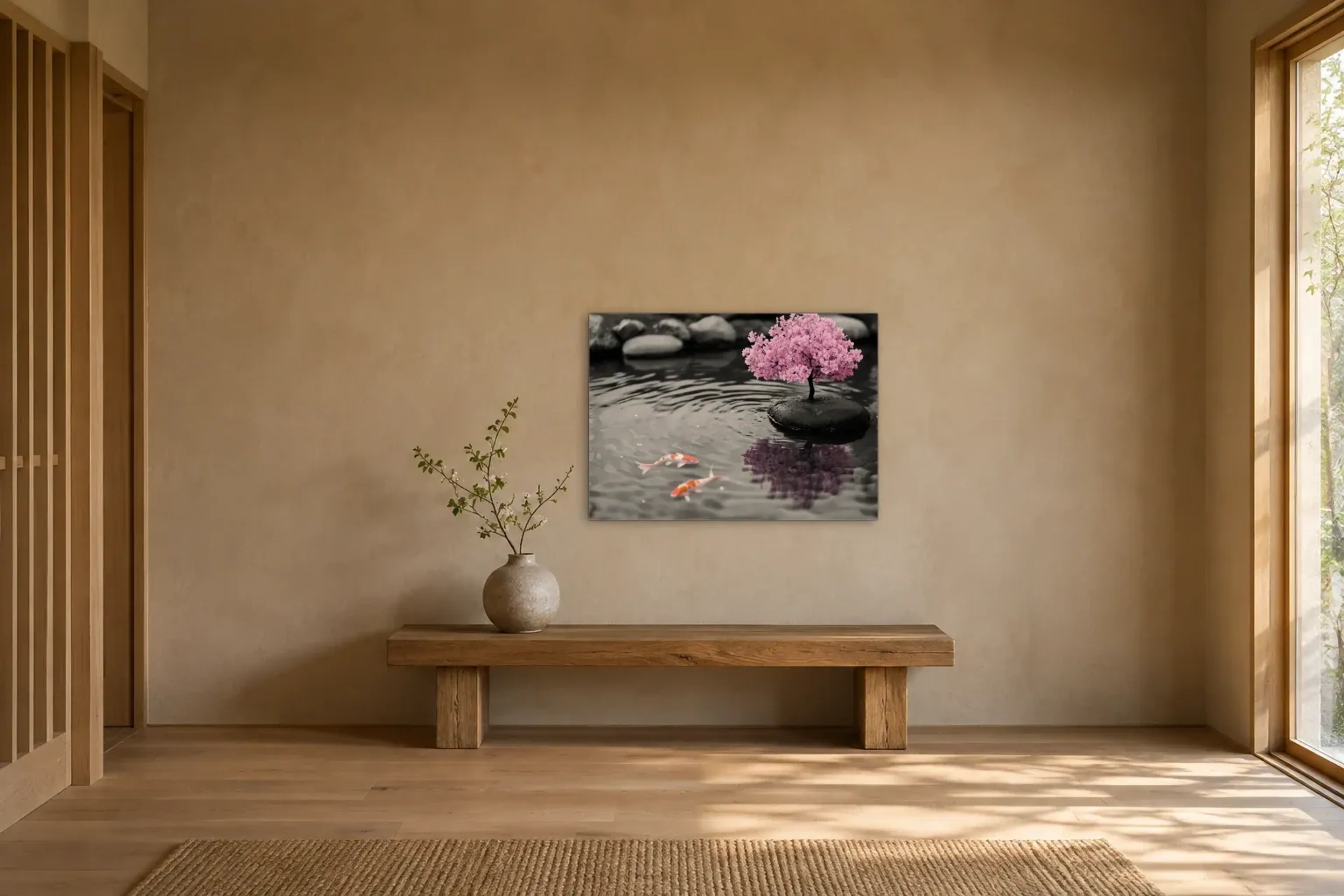 Bonsai am Wasser als Wandbild über einer 120-cm-Holzbank