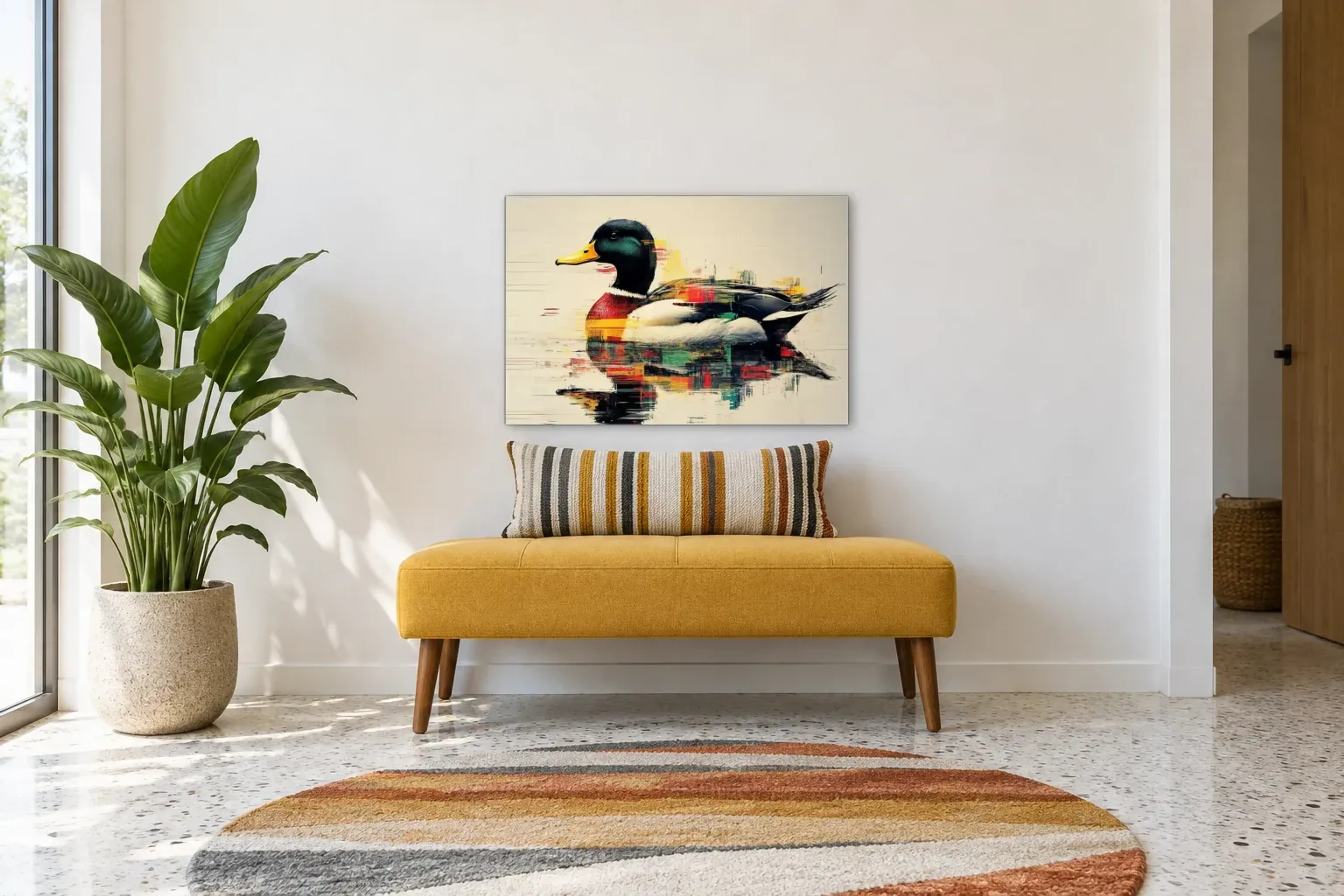 Ente mit Wasserspiegelung als Wandbild über einer 120-cm-Bank