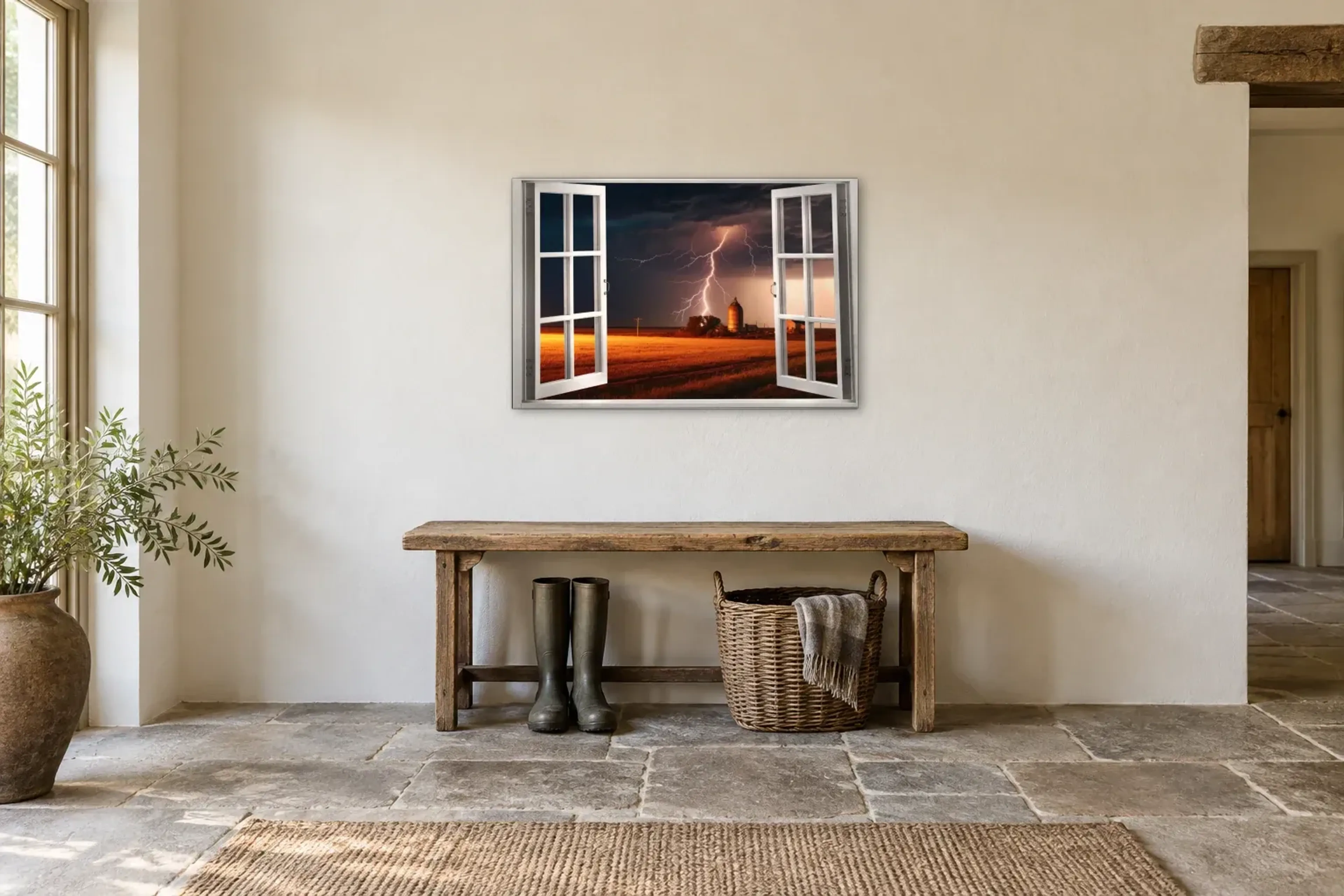 Blitz über Feldern als Wandbild über einer 120-cm-Bank