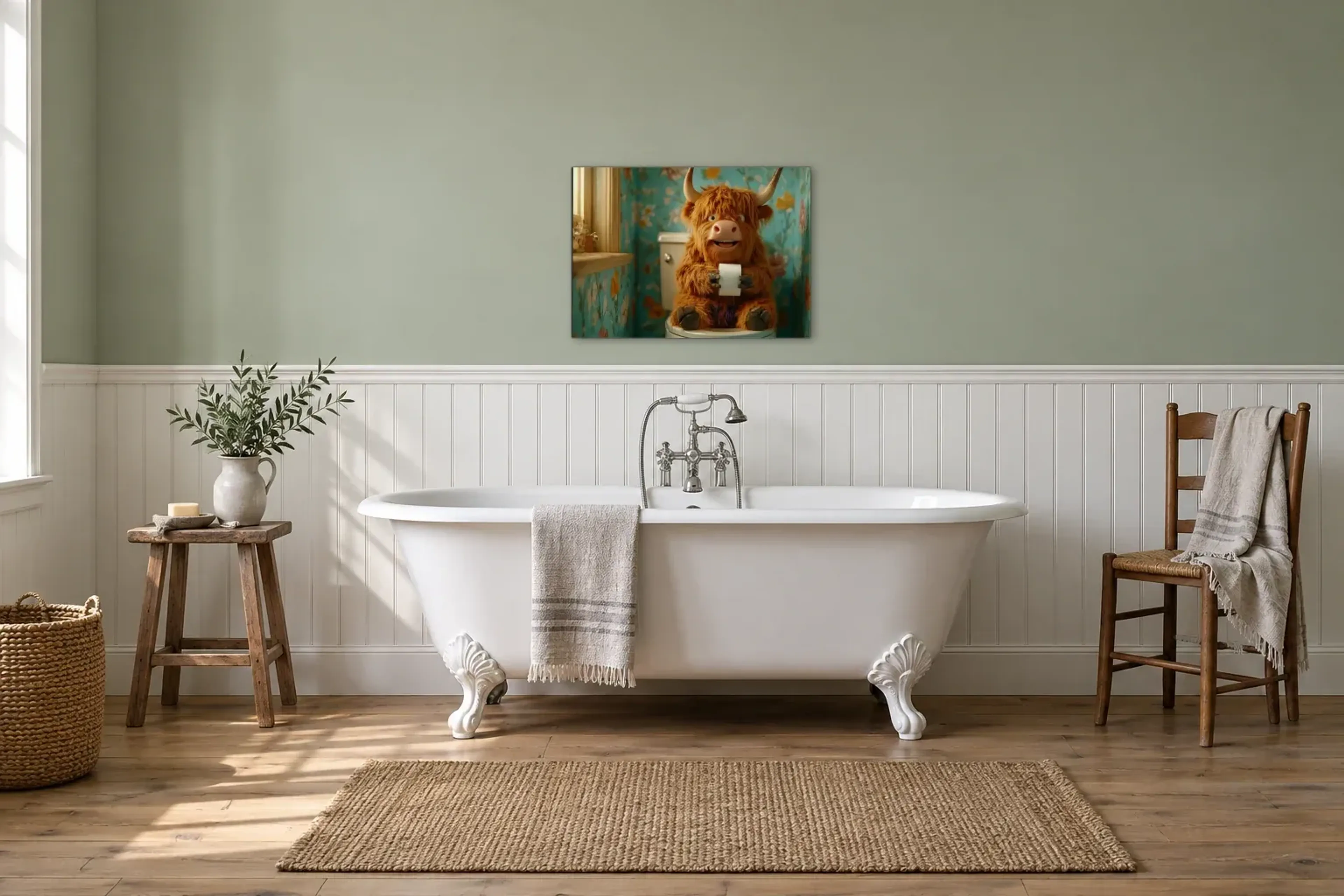 Hochlandrind vor Blumentapete als Wandbild über einer 170-cm-Badewanne
