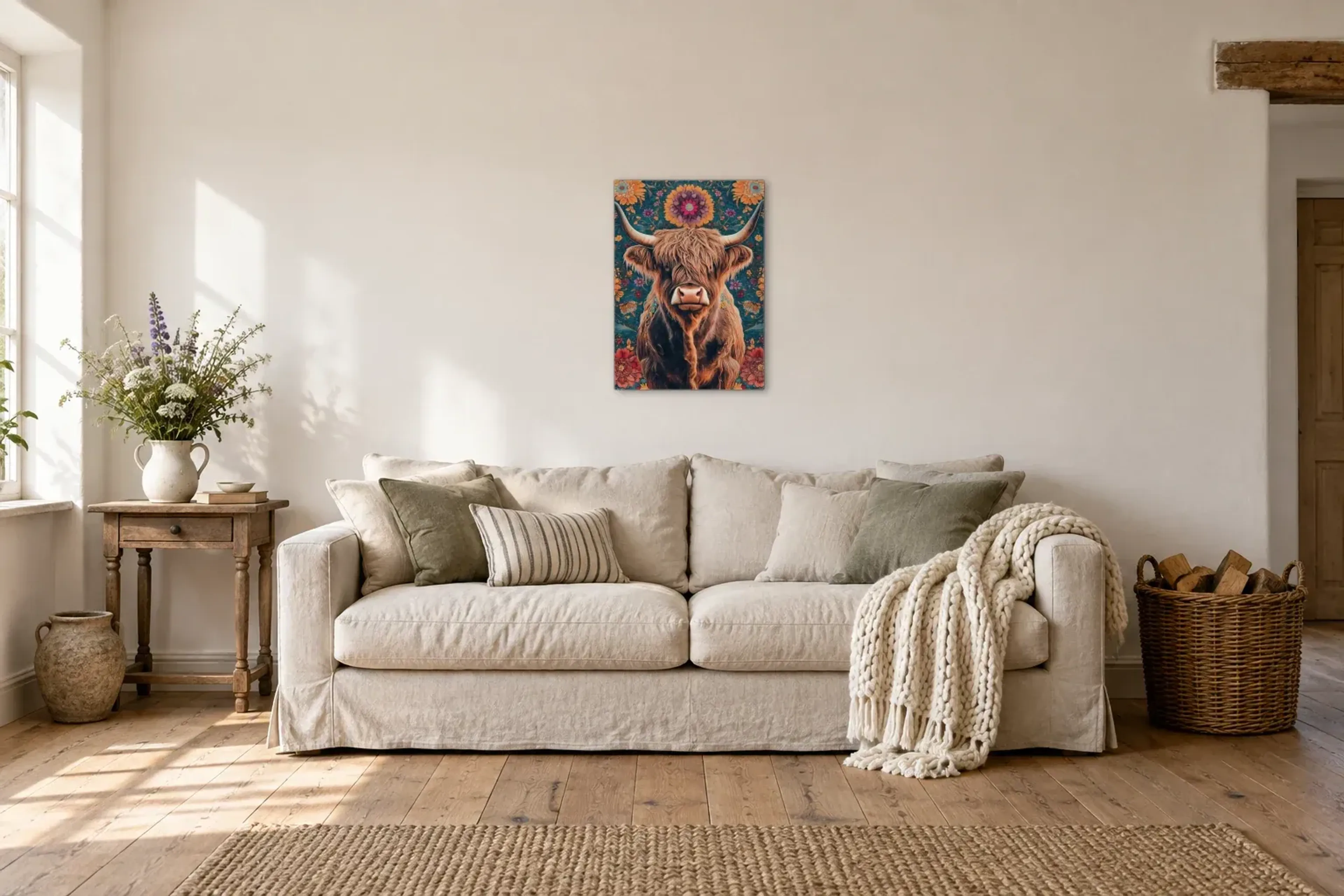 Hochlandrind zwischen Retroblüten als Wandbild über einem 220-cm-Sofa