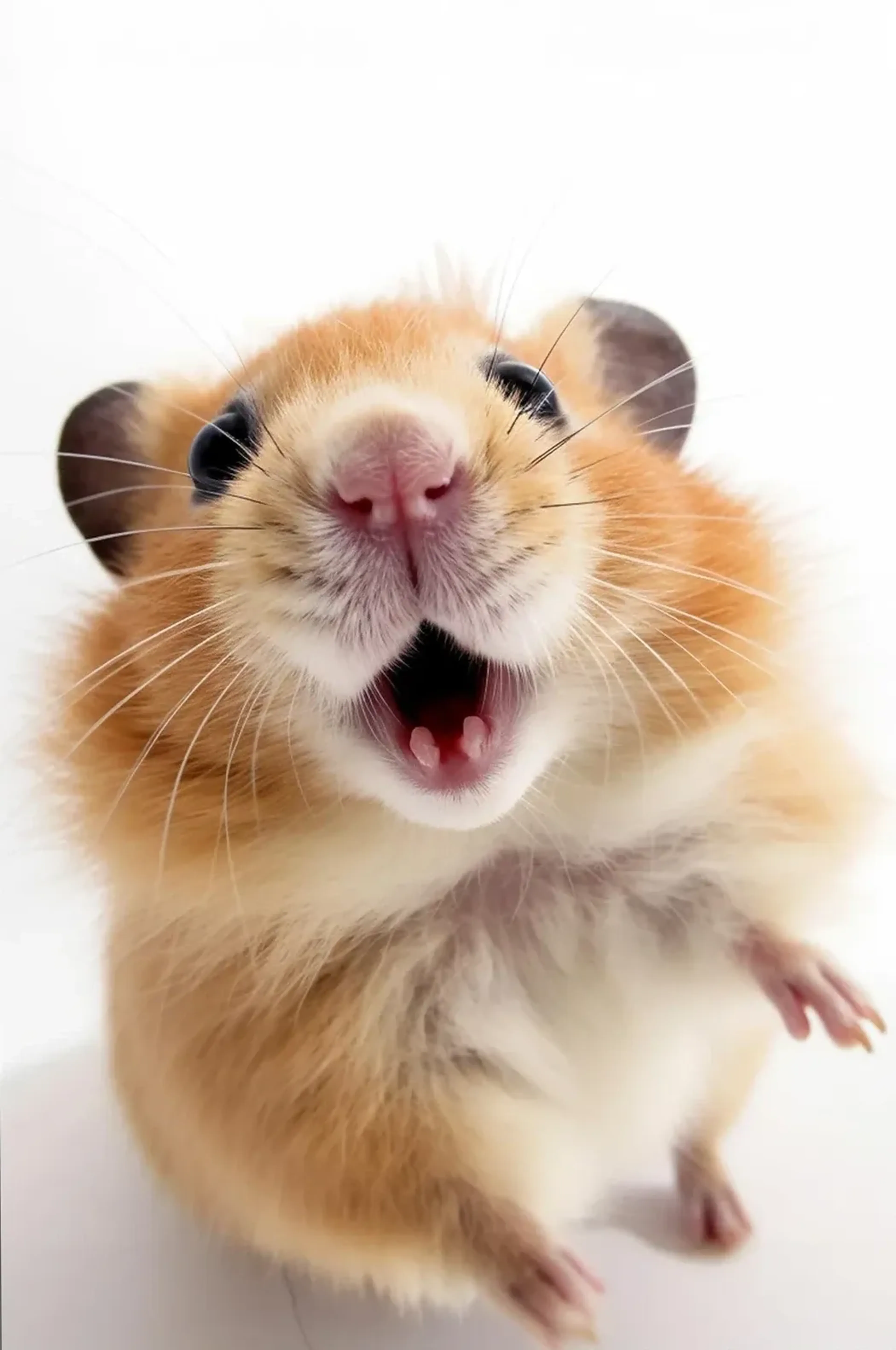 Ein goldbraun-weißer Hamster mit rosa Nase, geöffnetem Mäulchen und sichtbaren Pfoten vor weißem Hintergrund.