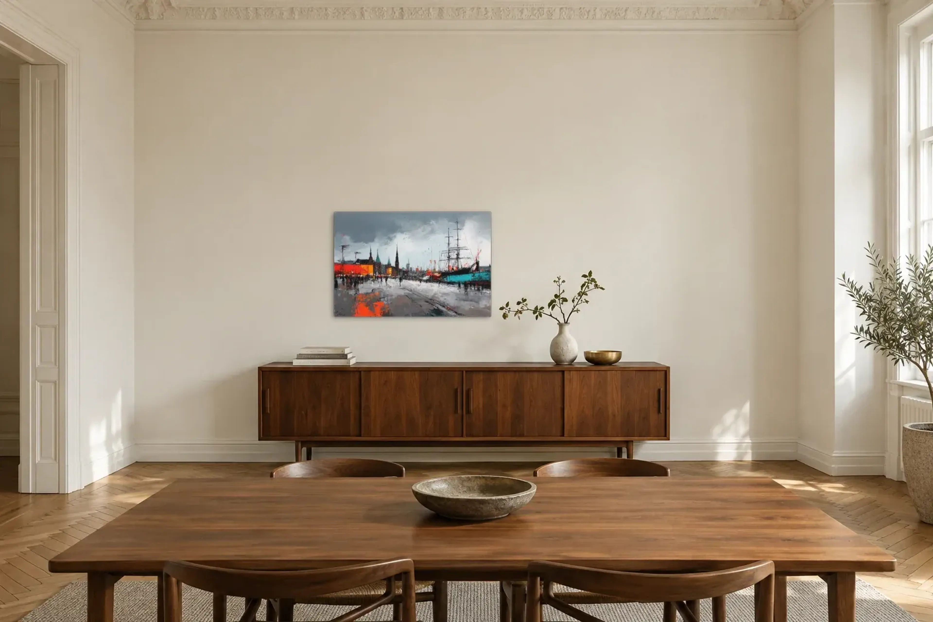 Segelschiff am grauen Kai als Wandbild über einem 200-cm-Sideboard