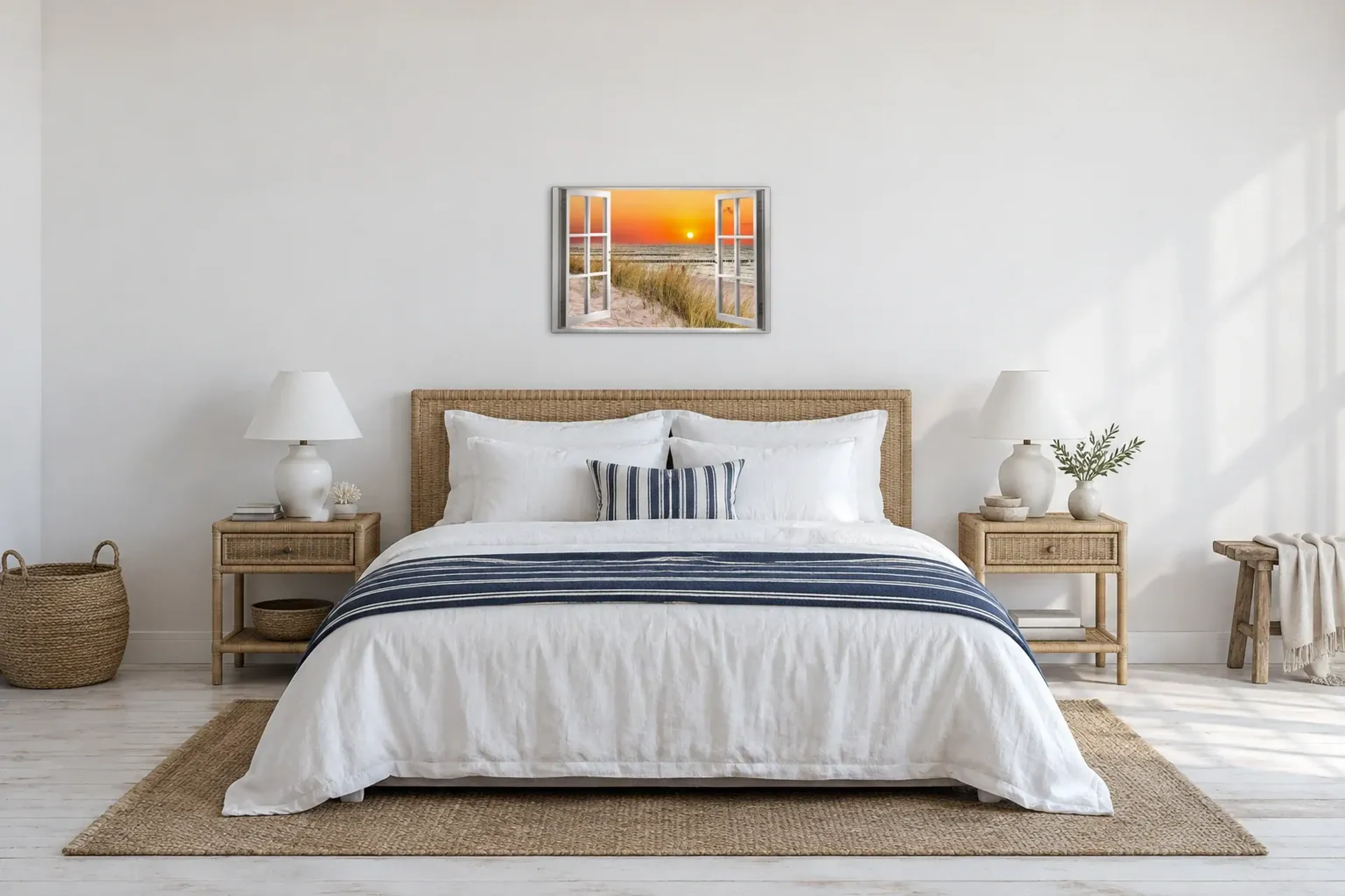Abendsonne am Strand als Wandbild über einem 180-cm-Bett