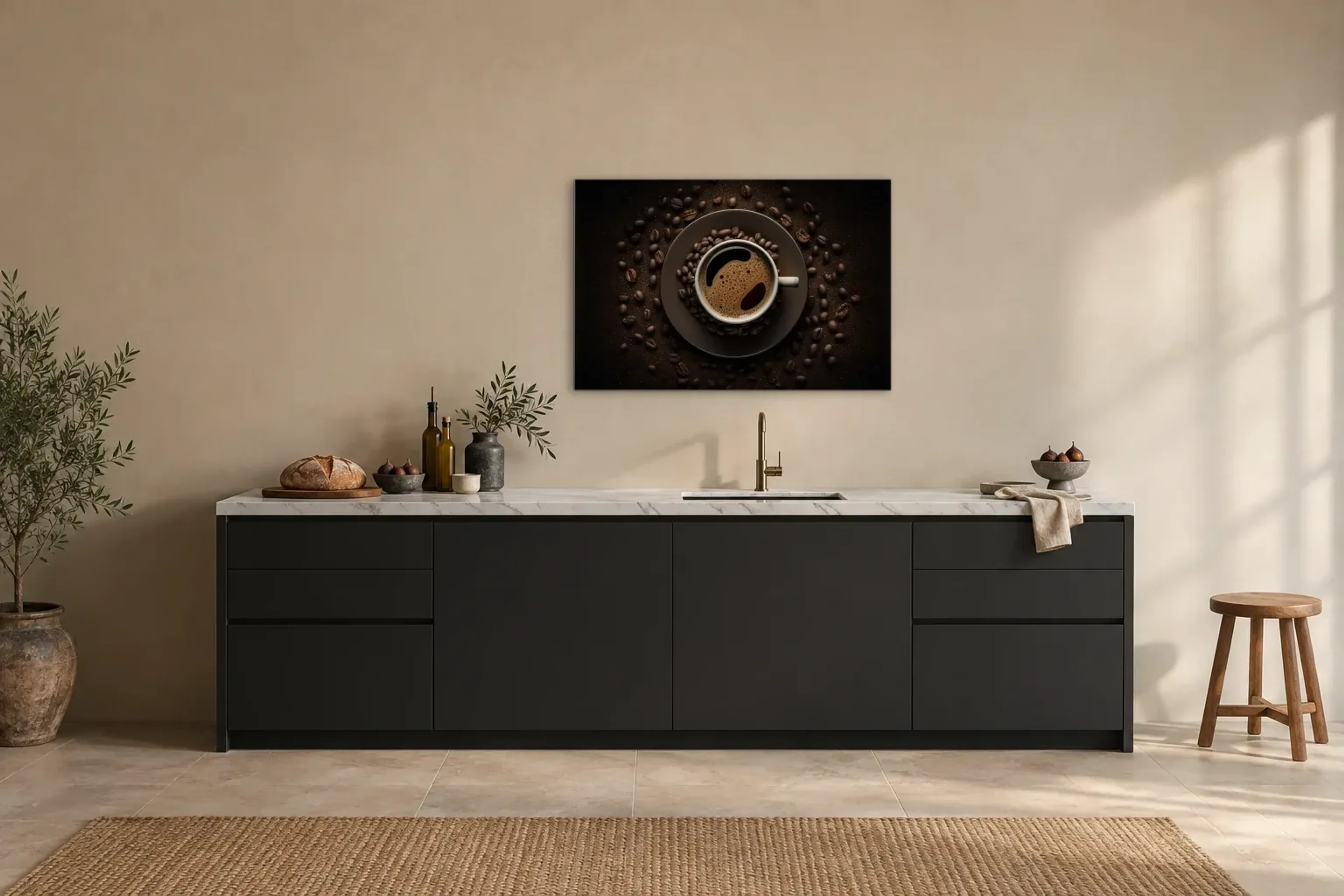 Kaffee-Tasse als Wandbild über einer 200-cm-Arbeitsplatte