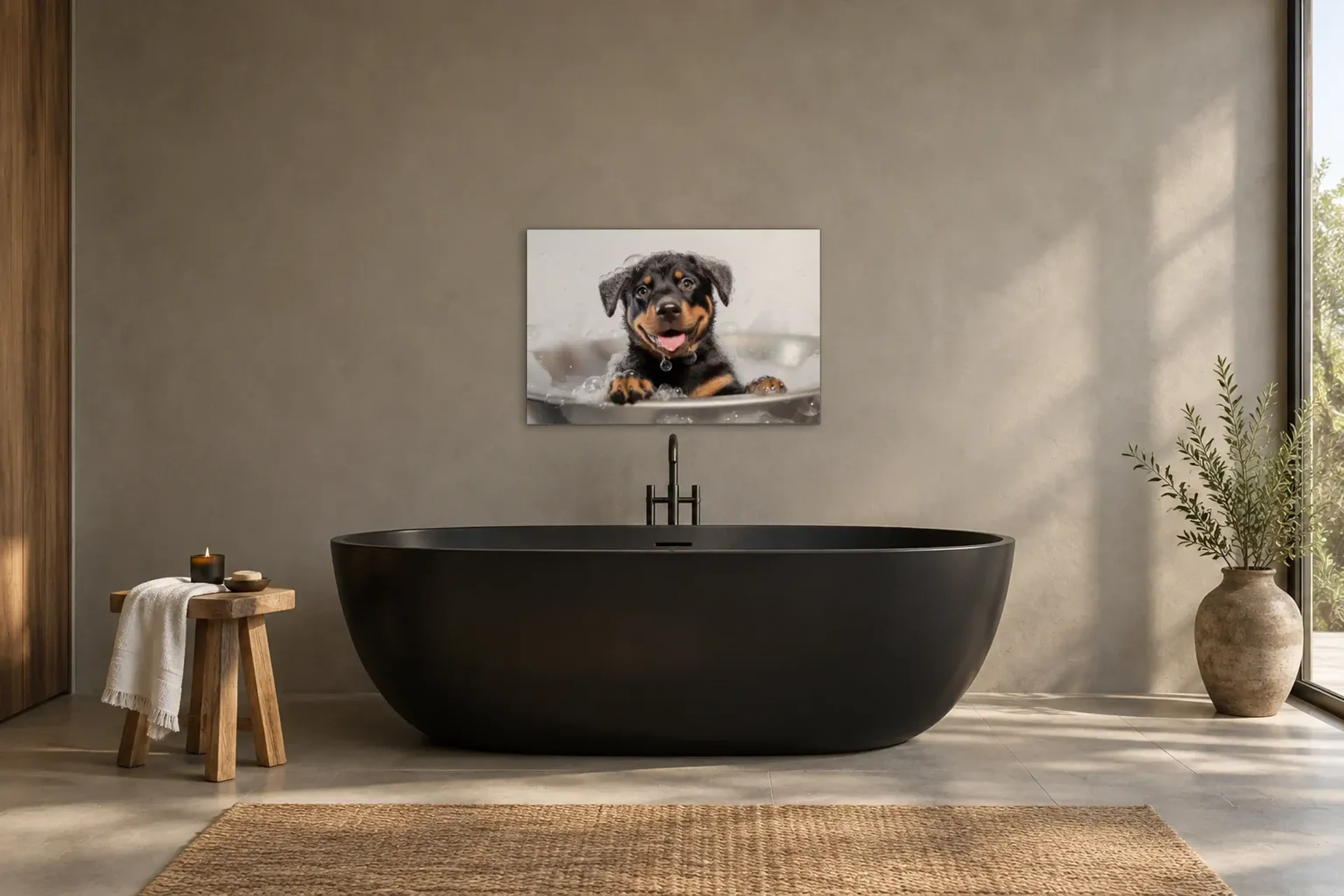 Rottweiler im Schaumbad als Wandbild über einer 170-cm-Badewanne