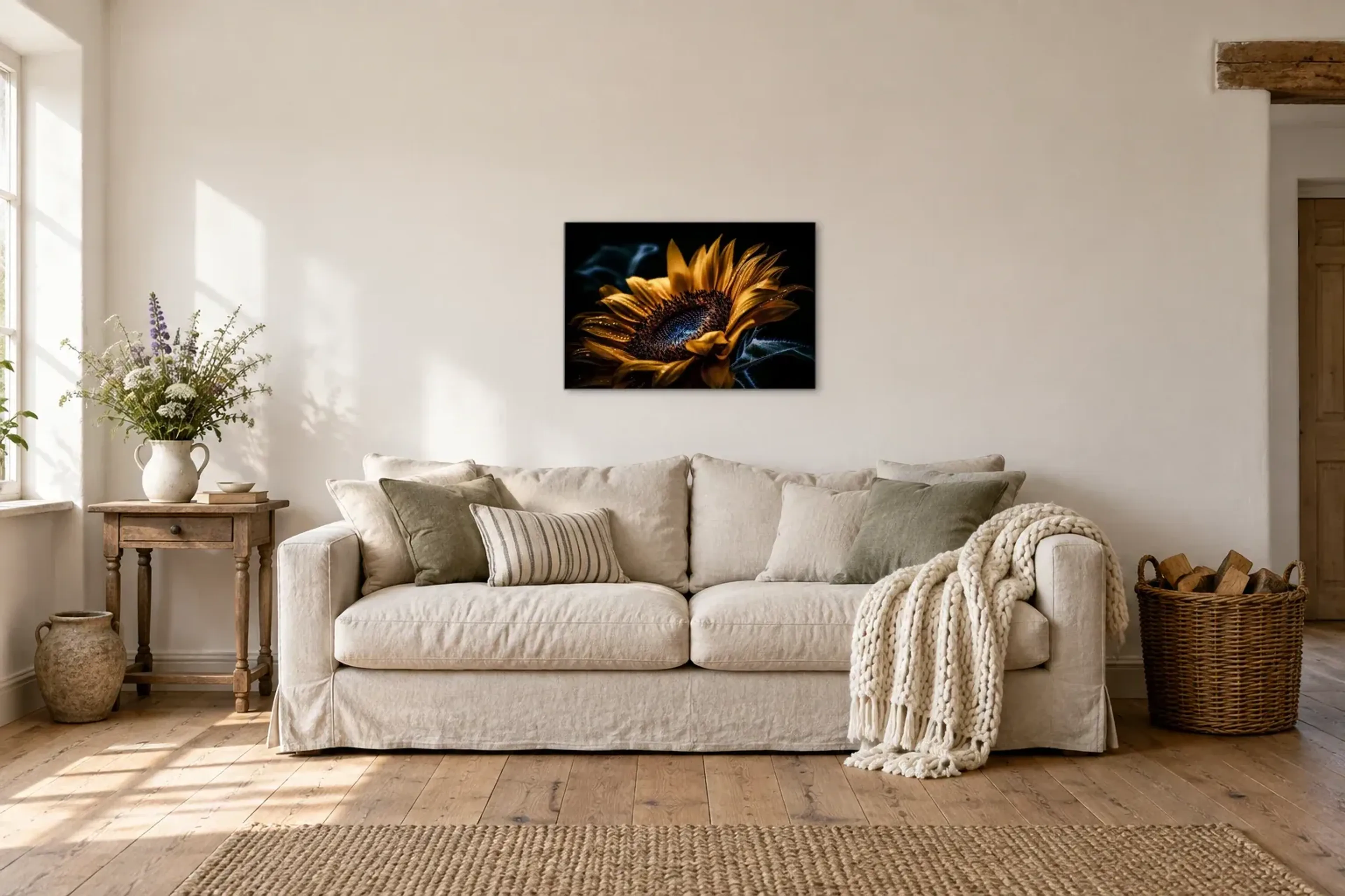 Sonnenblume im Dunkeln als Wandbild über einem 220-cm-Sofa