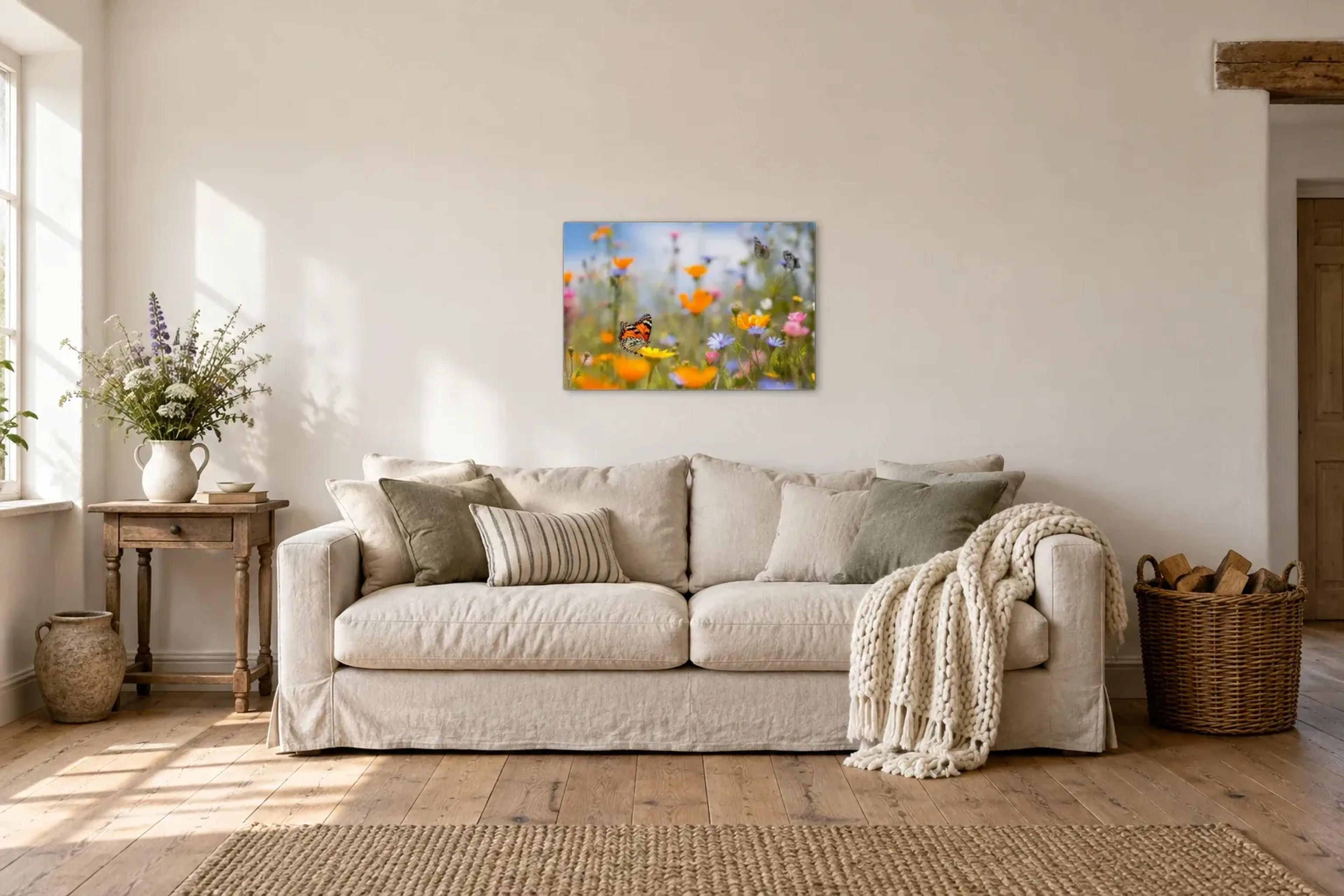 Blumenwiese Schmetterling als Wandbild über einem 220-cm-Sofa