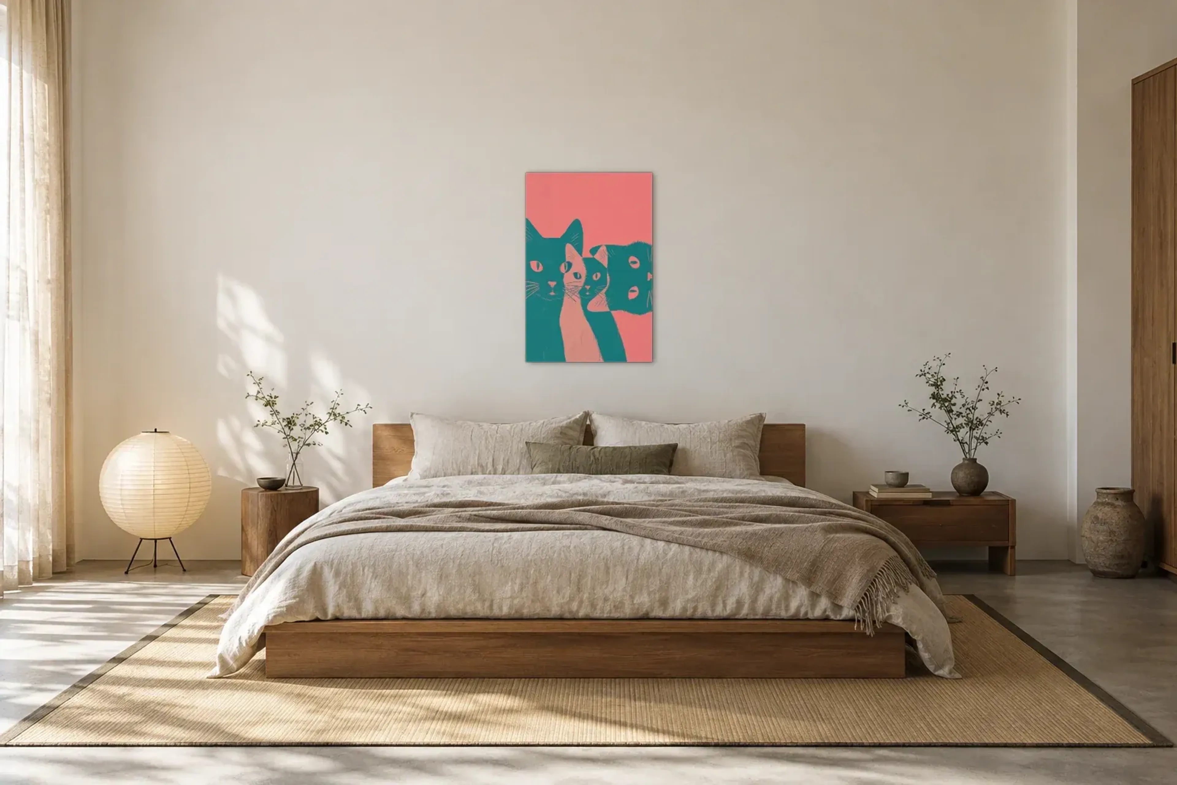 Katzen in Petrol als Wandbild über einem 180-cm-Bett