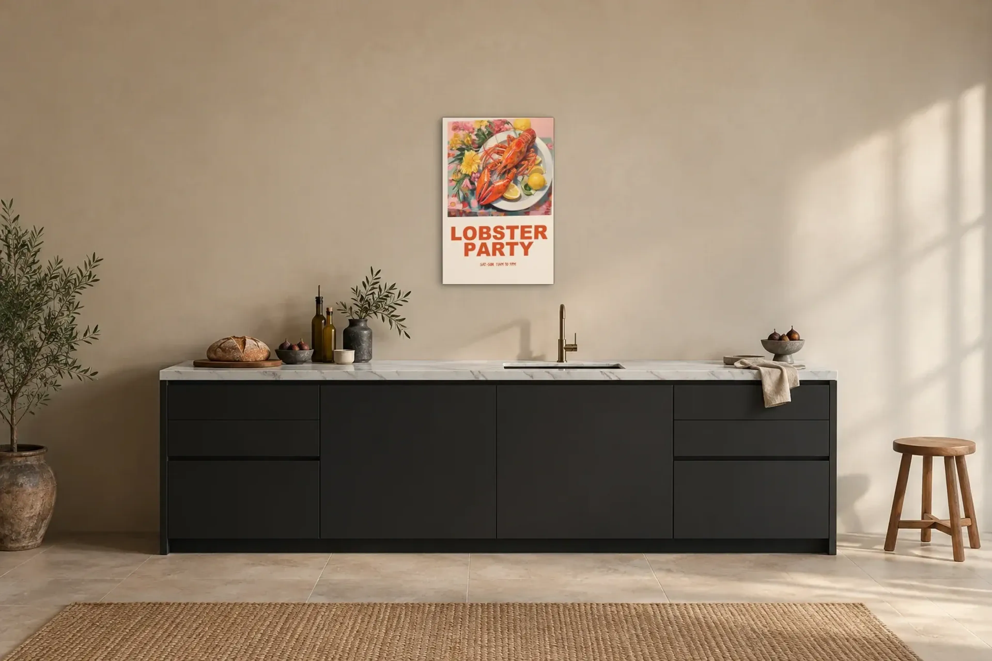 Lobster Party als Wandbild über einer 200-cm-Arbeitsplatte