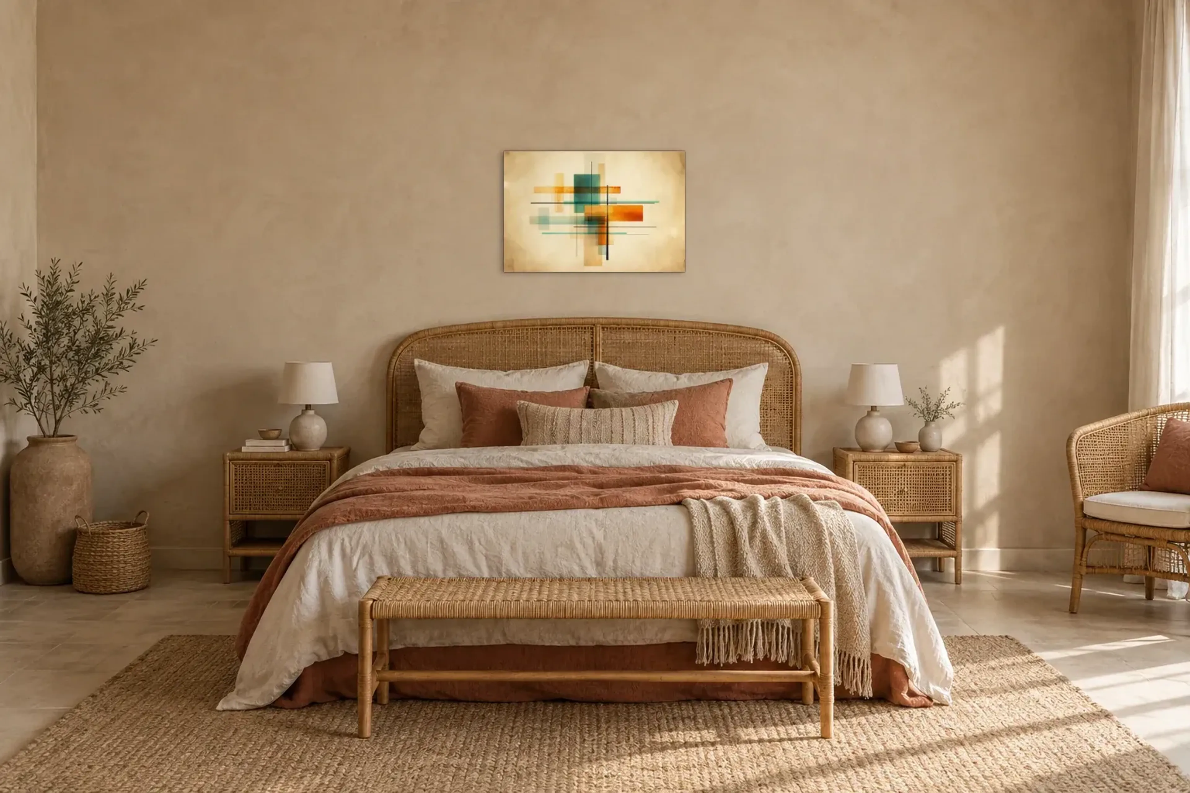 Farbflächen im Schnittpunkt als Wandbild über einem 180-cm-Bett